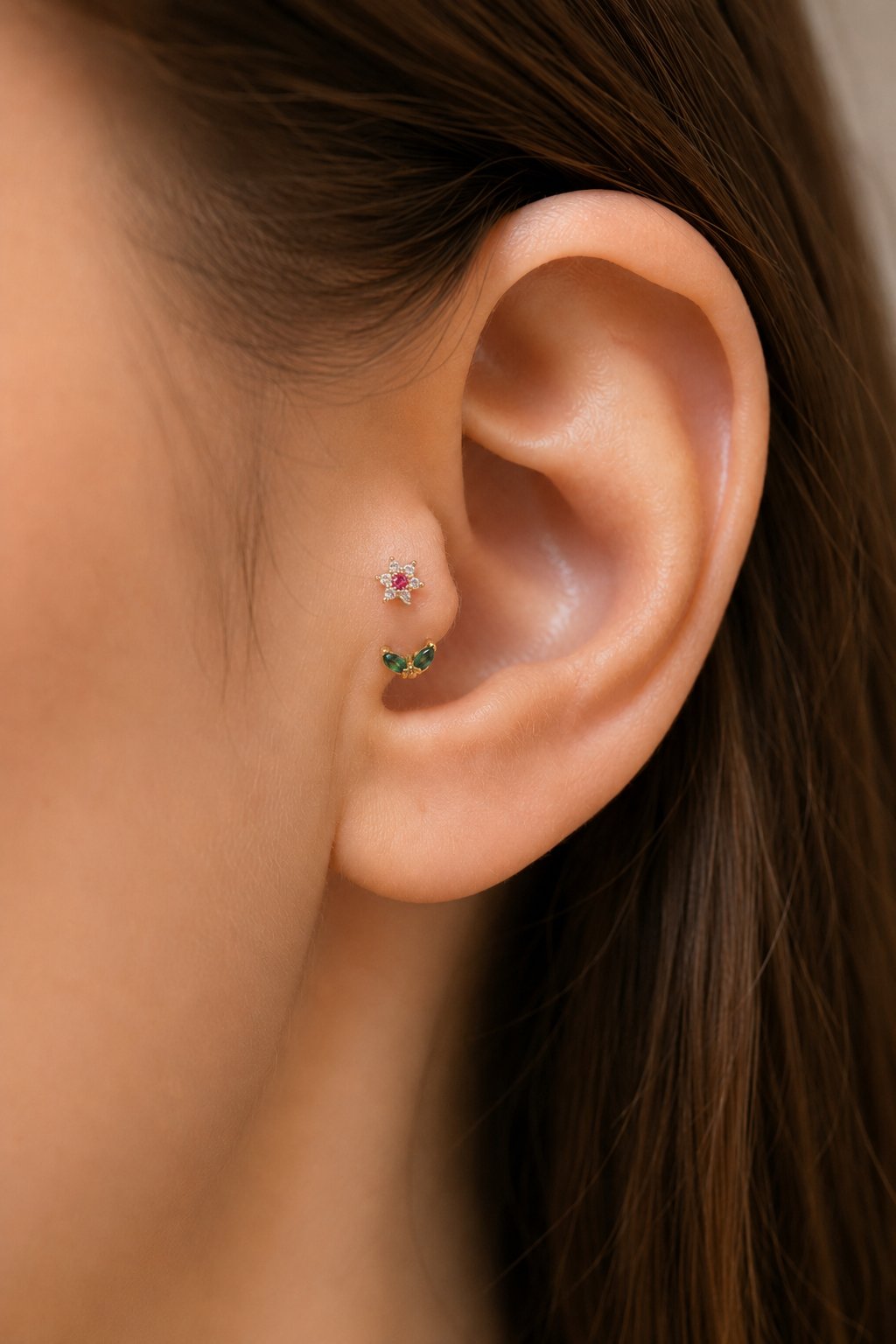 Zirkon Taşlı Çiçek Yaprak Rook Piercing Helix Kaş Kıkırdak Tragus 1.2 mm