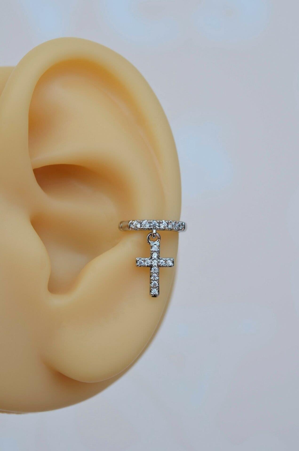 Zirkon Taşlı Cross Sallantılı Earcuff Sıkıştırmalı Kıkırdak Küpesi