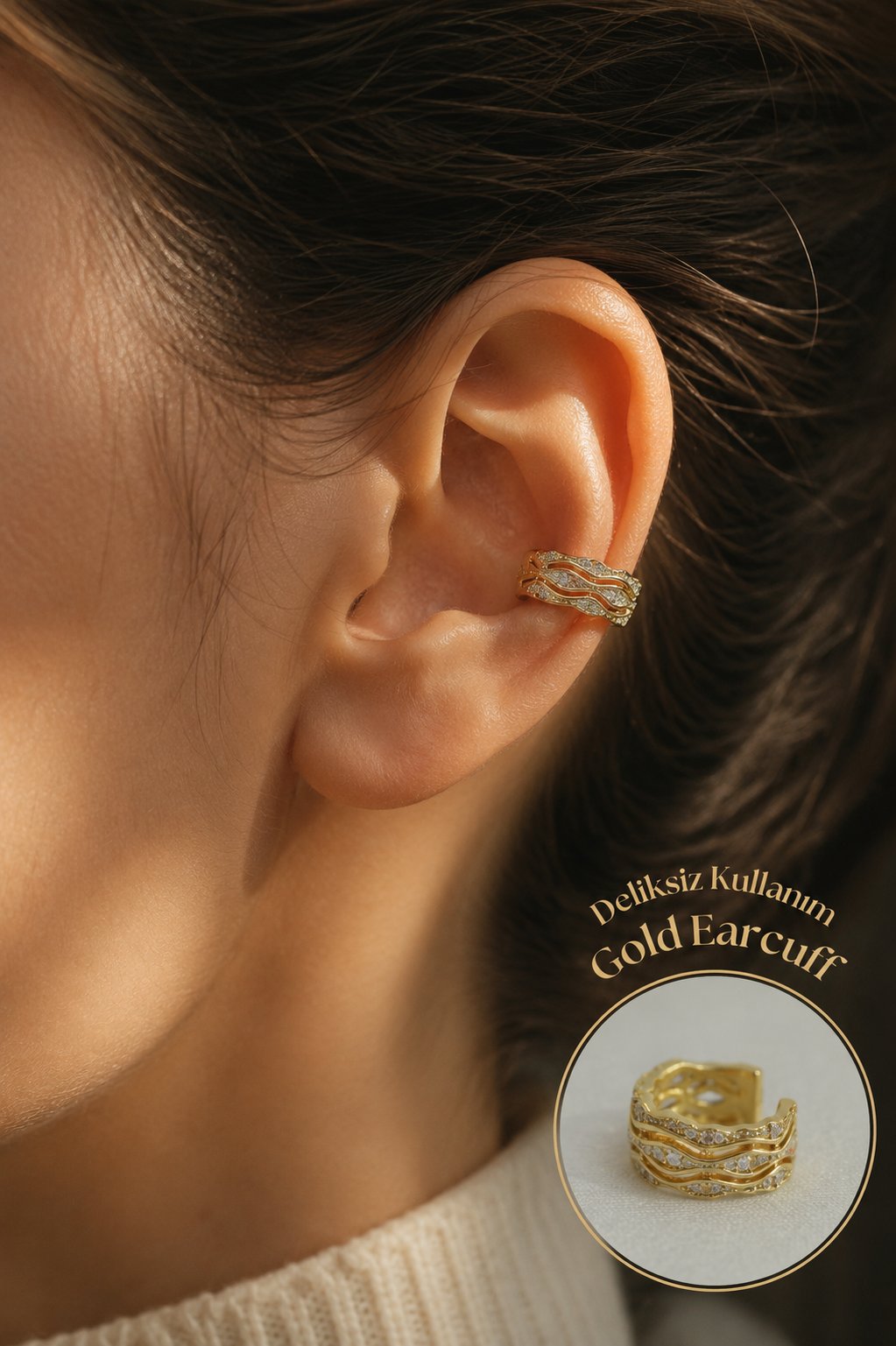 Zirkon Taşlı Gold Earcuff Deliksiz Kıkırdak Küpesi