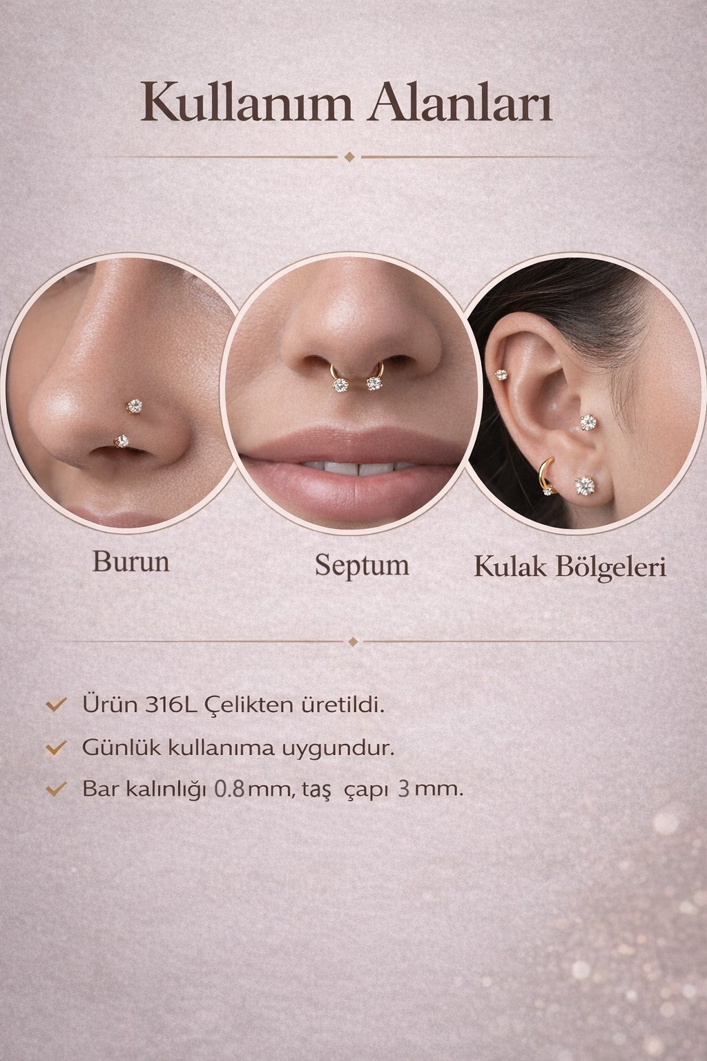 Zirkon Taşlı Gold Yarım Halka Burun Piercingi 316L Çelik 0.8 mm
