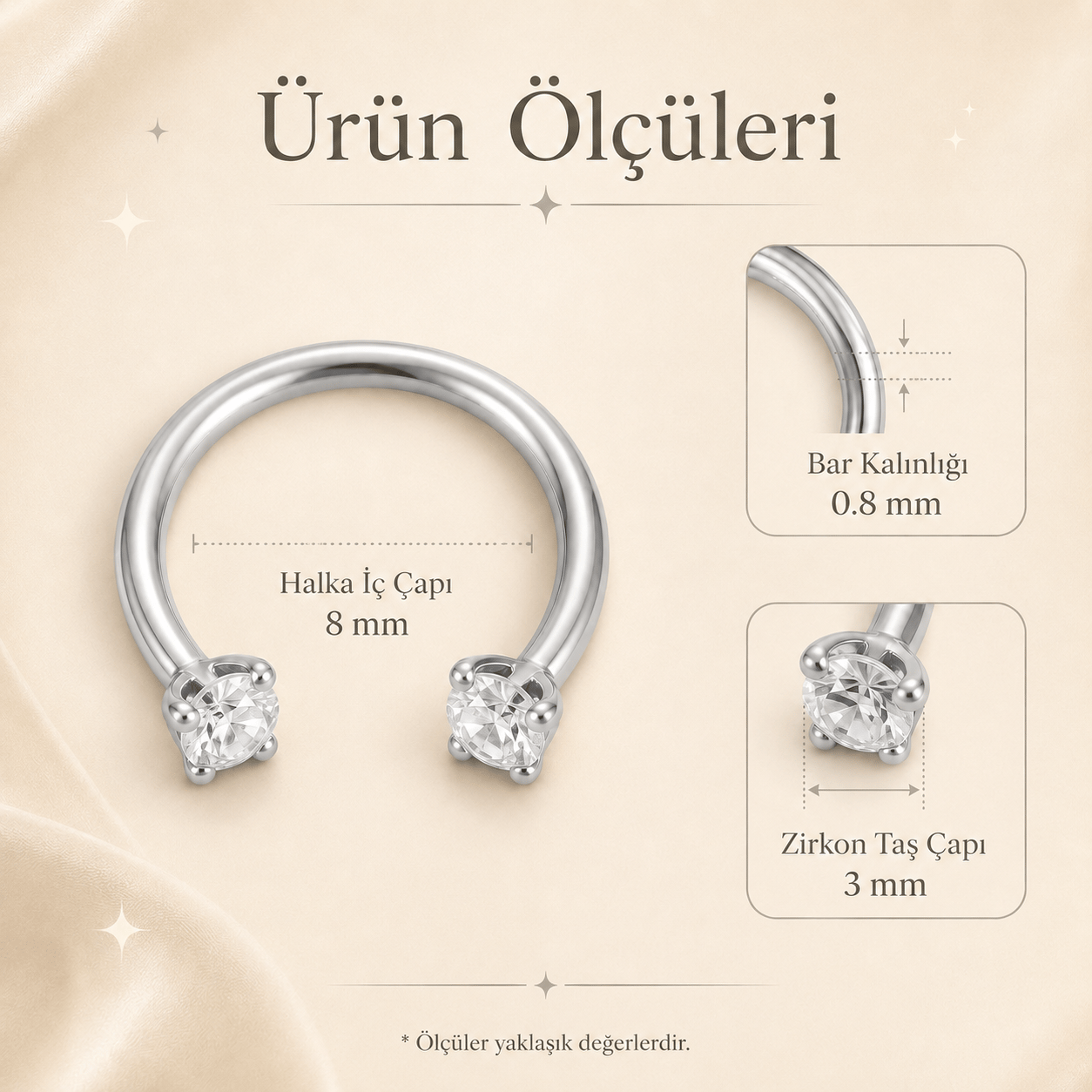 Zirkon Taşlı Gold Yarım Halka Burun Piercingi 316L Çelik 0.8 mm