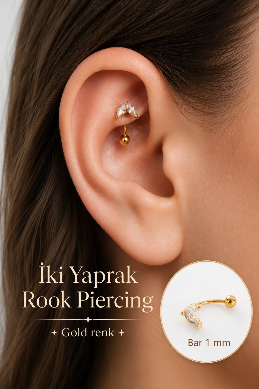 Zirkon Taşlı İki Yaprak Rook Piercing Çelik Bar 1 mm