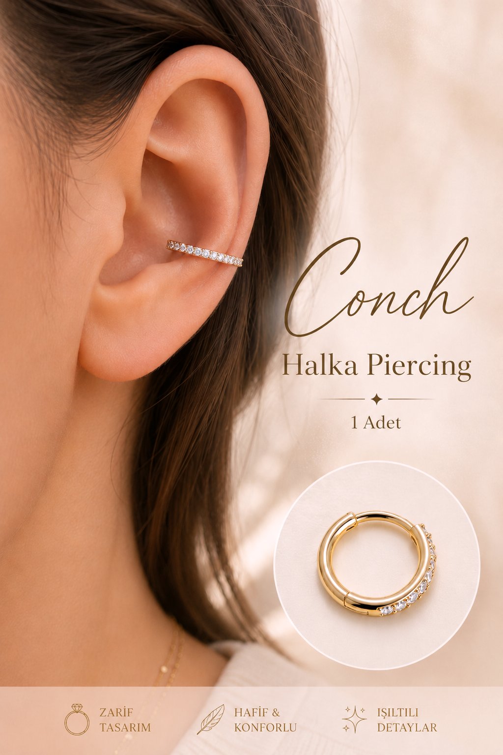 Zirkon Taşlı İnce Halka Conch Piercing – Gold & Gümüş | Rodyum Kaplama | Tekli