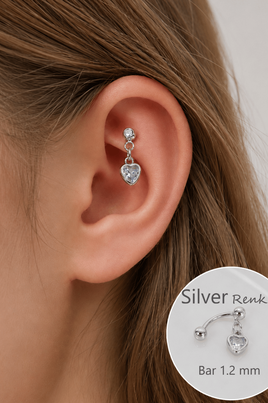 Zirkon Taşlı Kalp Charm Sallantılı Rook Piercing Çelik Bar 1.2 mm