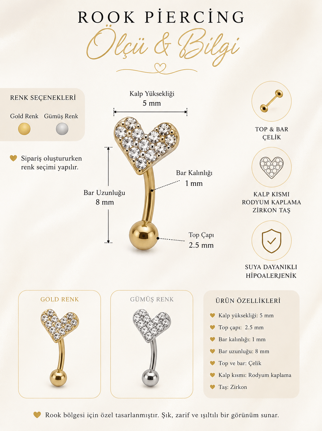 Zirkon Taşlı Kalp Rook Piercing