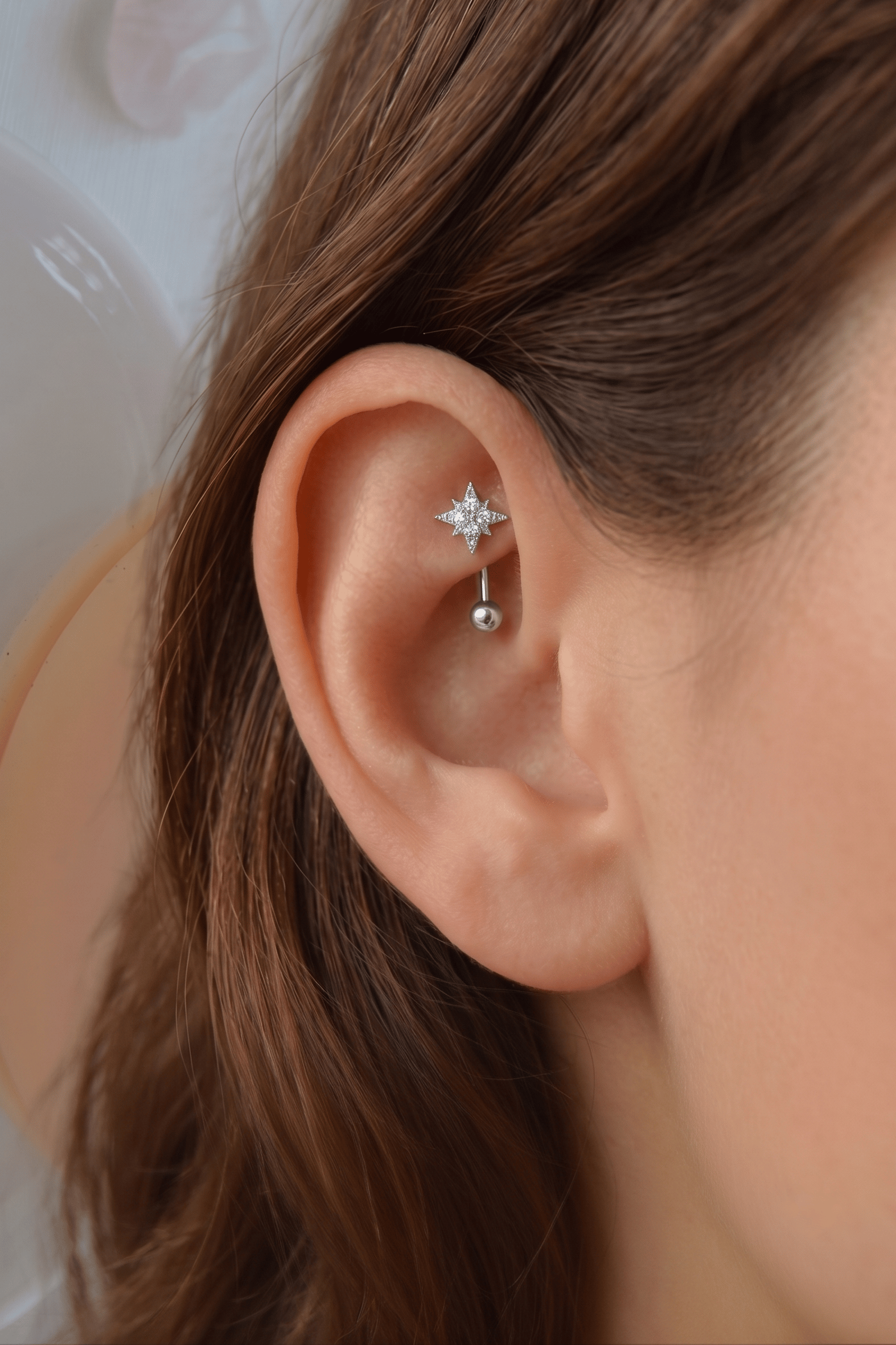 Zirkon Taşlı Kuzey Yıldızı Rook Piercing Çelik Bar 1 mm