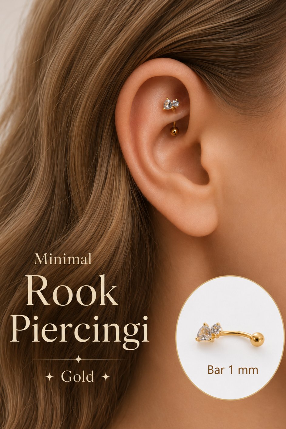 Zirkon Taşlı Mini Kalp Rook Piercing Çelik Bar 1 mm