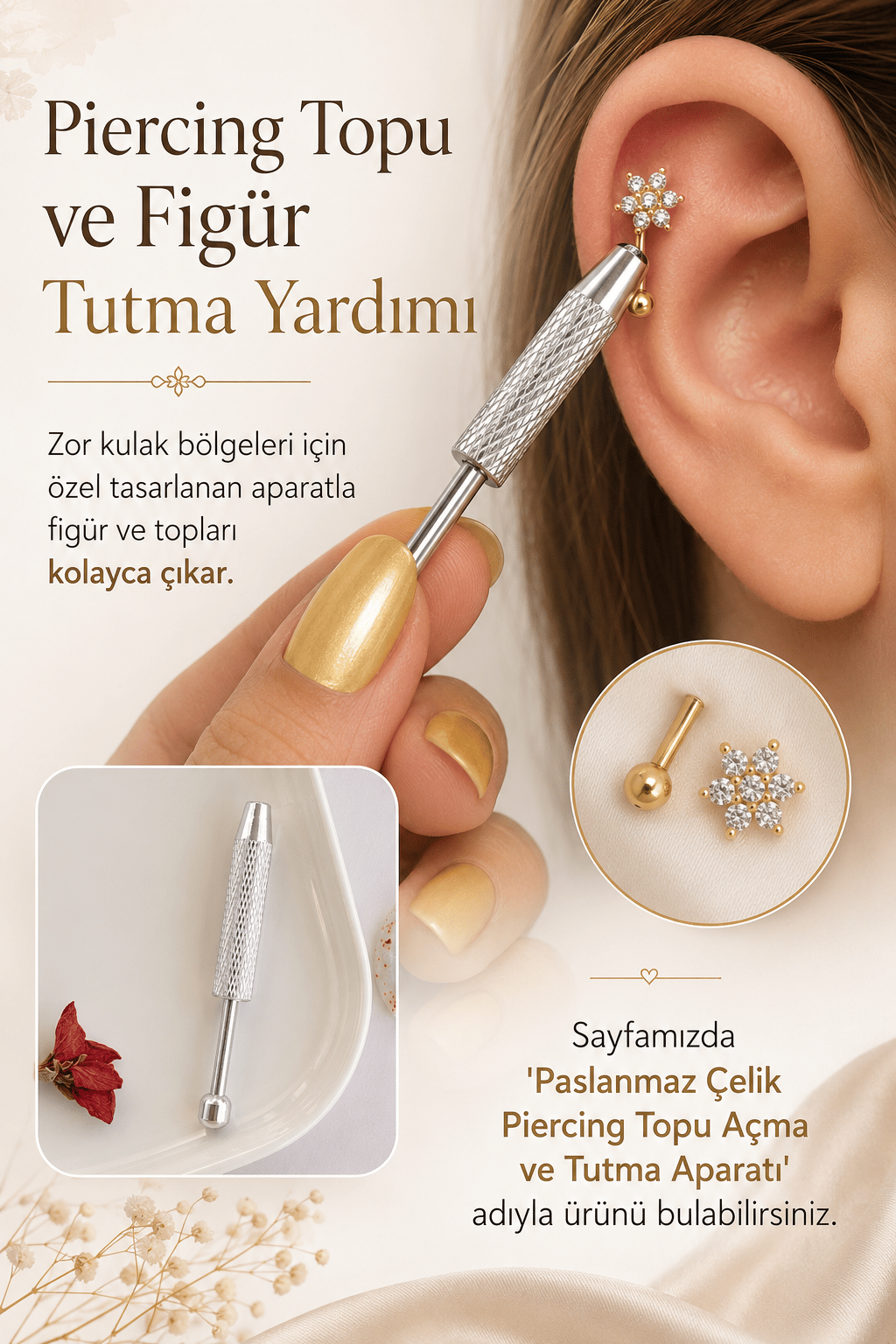Zirkon Taşlı Mini Kalp Rook Piercing Çelik Bar 1 mm
