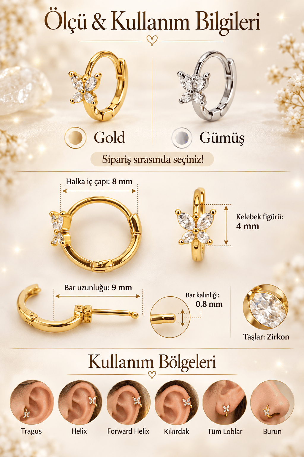 Zirkon Taşlı Minimal Kelebek Halka Piercing 8 mm – Helix Tragus Lob Burun