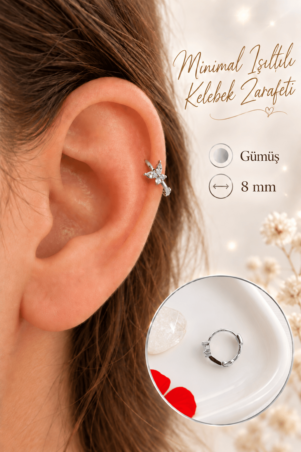 Zirkon Taşlı Minimal Kelebek Halka Piercing 8 mm – Helix Tragus Lob Burun