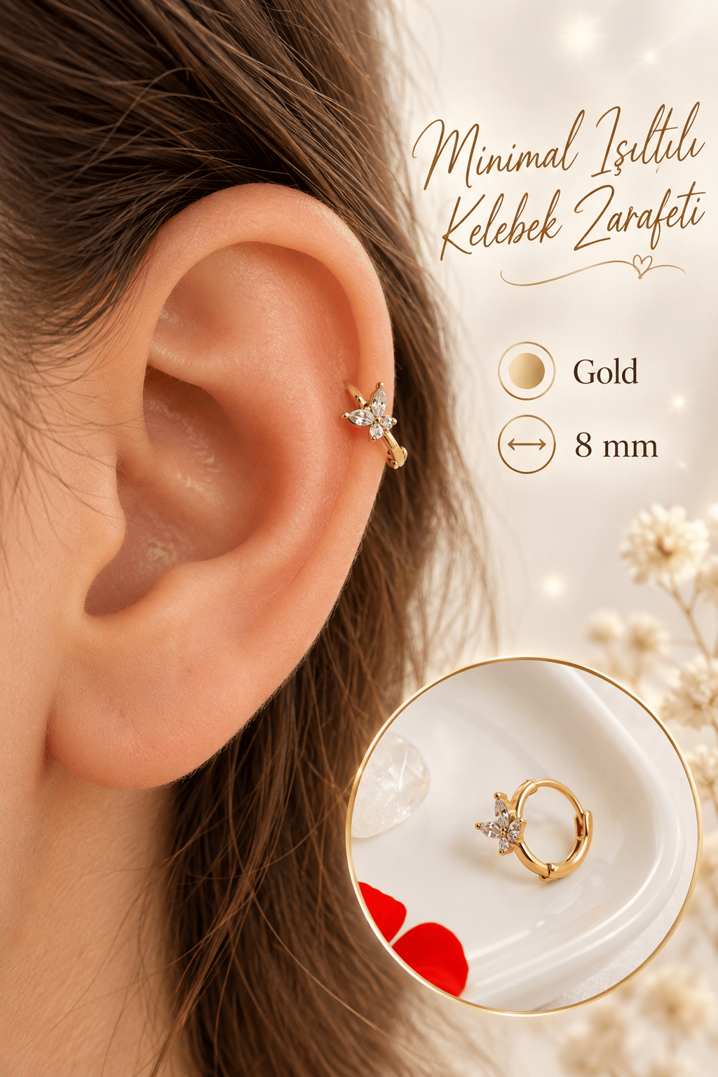 Zirkon Taşlı Minimal Kelebek Halka Piercing 8 mm – Helix Tragus Lob Burun