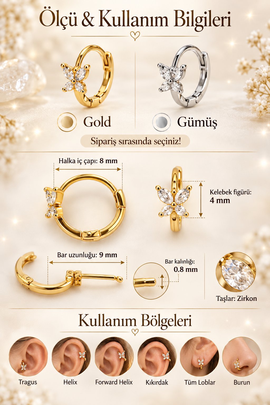 Zirkon Taşlı Minimal Kelebek Halka Piercing 8 mm – Helix Tragus Lob Burun