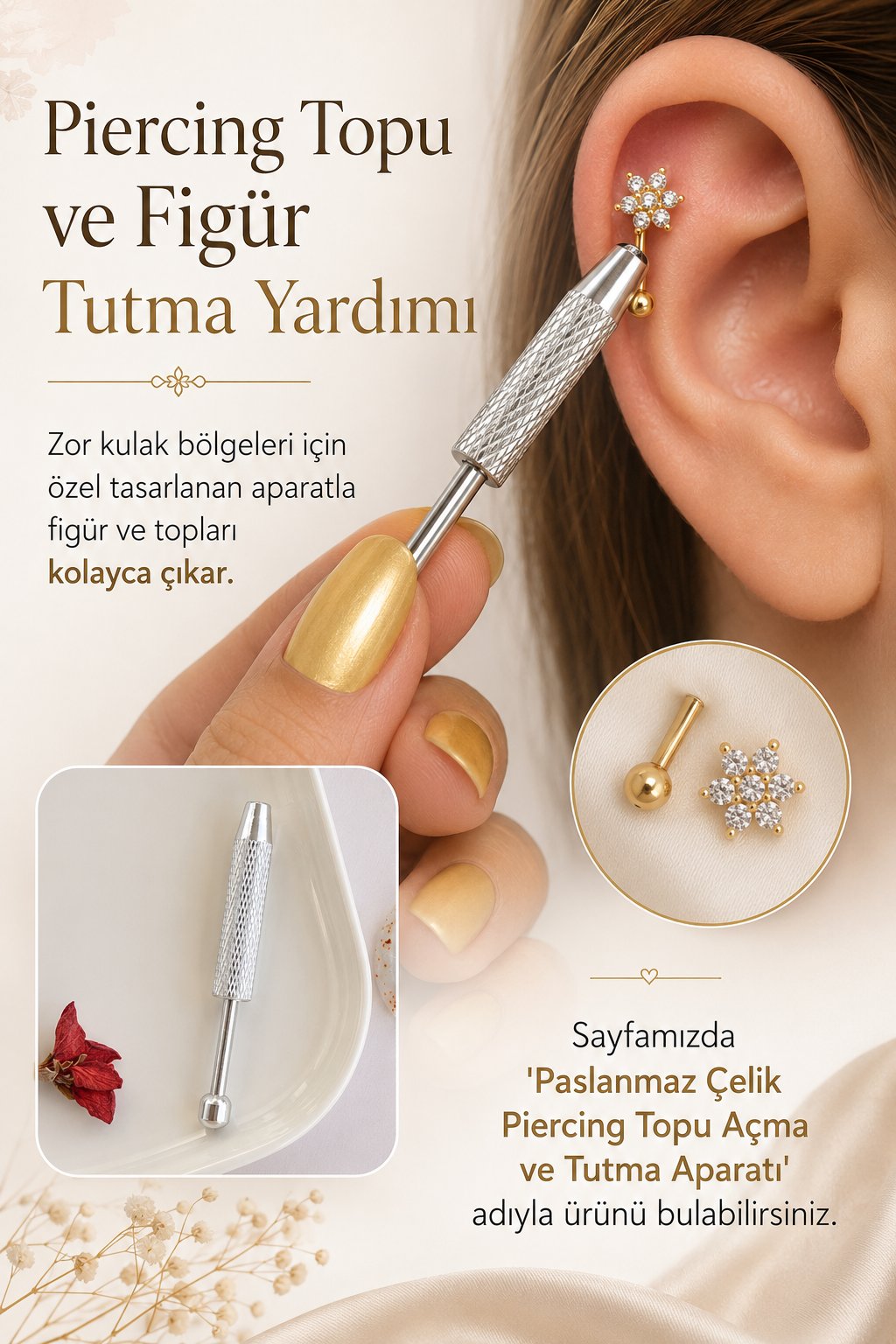 Zirkon Taşlı Minimal Yıldız Rook Piercing Çelik Bar 1 mm
