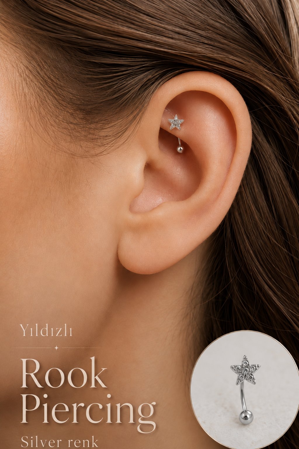 Zirkon Taşlı Minimal Yıldız Rook Piercing Çelik Bar 1 mm