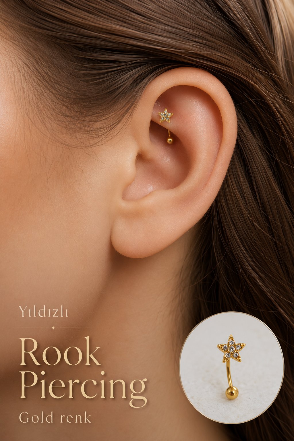 Zirkon Taşlı Minimal Yıldız Rook Piercing Çelik Bar 1 mm