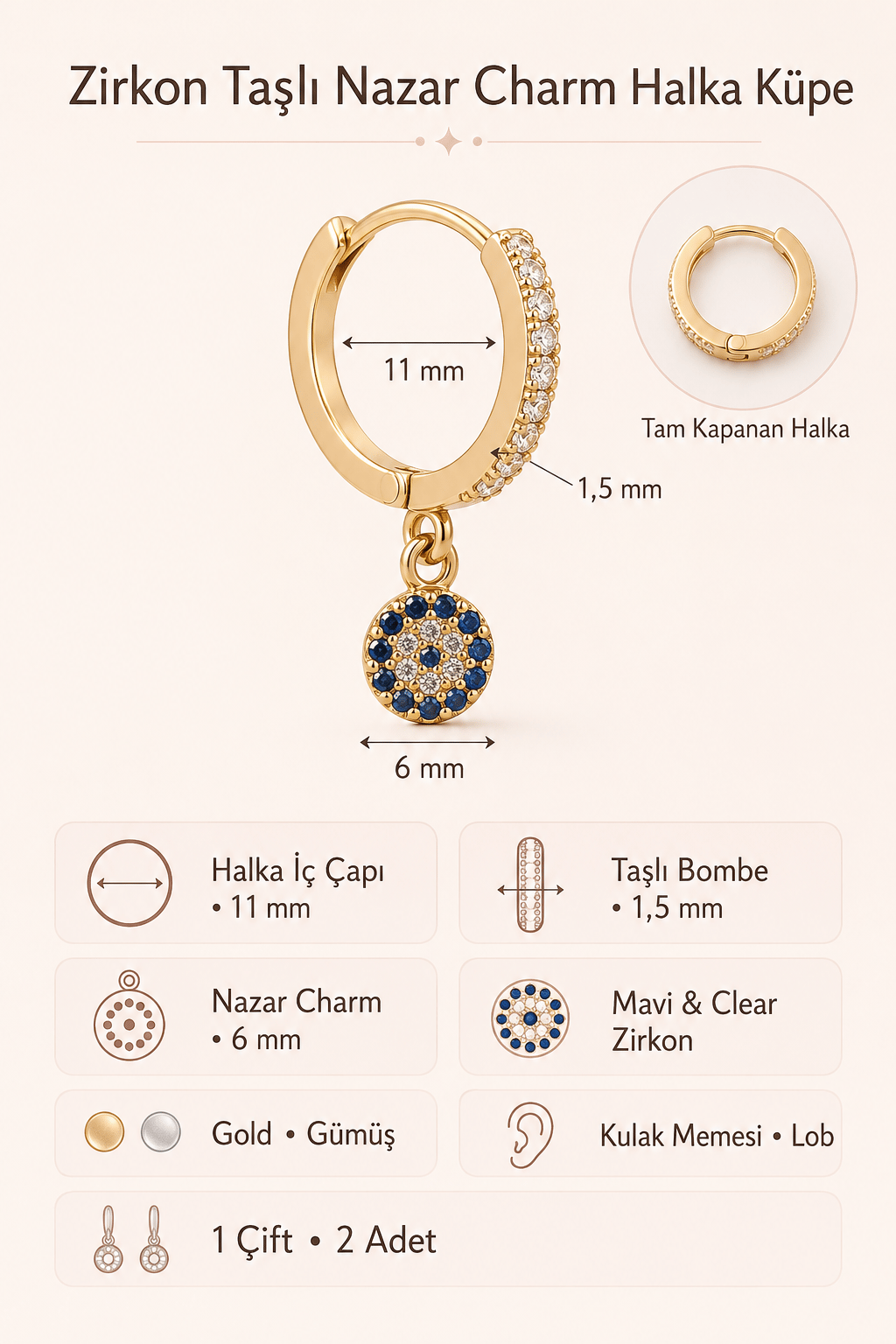Zirkon Taşlı Nazar Charm Halka Küpe Minimal Işıltı