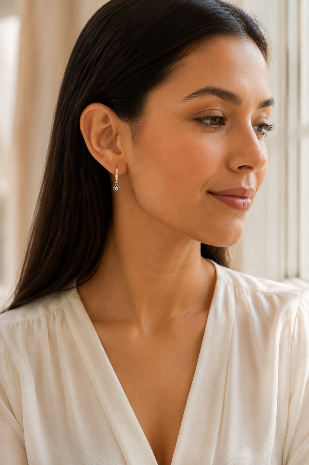 Zirkon Taşlı Nazar Charm Halka Küpe Minimal Işıltı