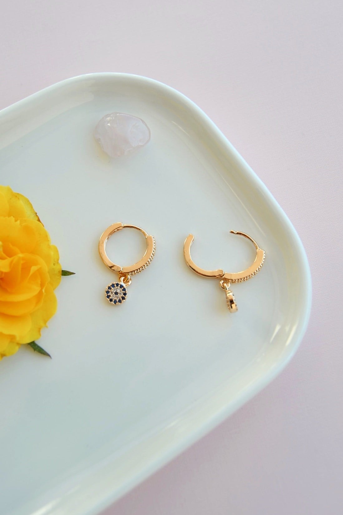 Zirkon Taşlı Nazar Charm Halka Küpe Minimal Işıltı