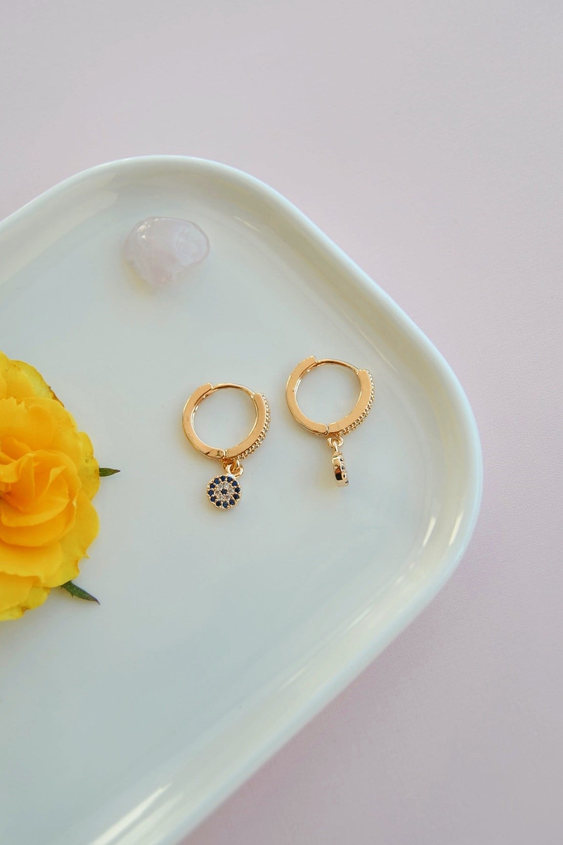 Zirkon Taşlı Nazar Charm Halka Küpe Minimal Işıltı
