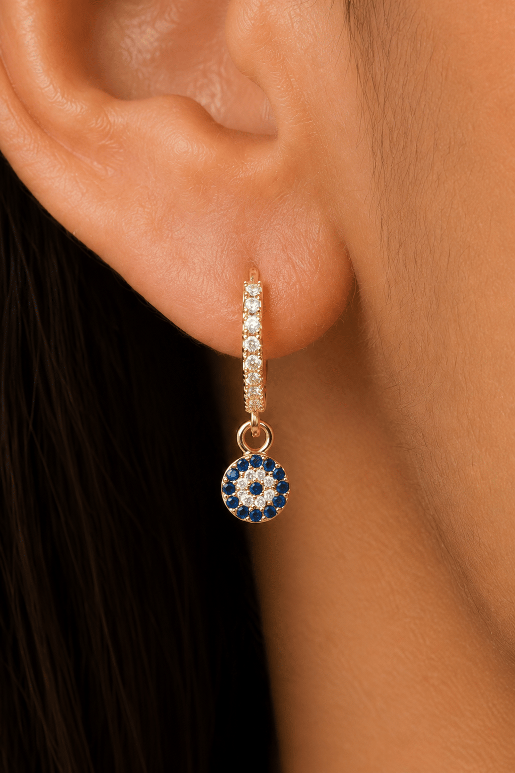 Zirkon Taşlı Nazar Charm Halka Küpe Minimal Işıltı
