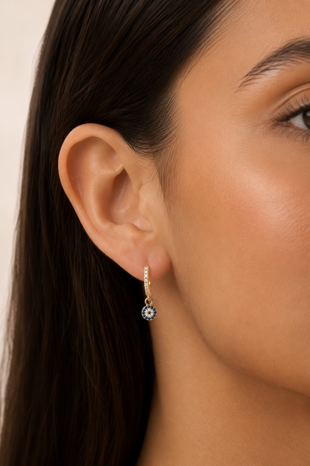 Zirkon Taşlı Nazar Charm Halka Küpe Minimal Işıltı