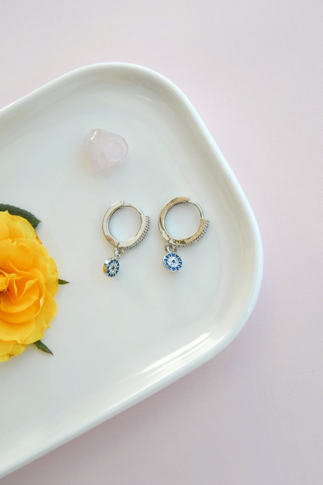 Zirkon Taşlı Nazar Charm Halka Küpe Minimal Işıltı
