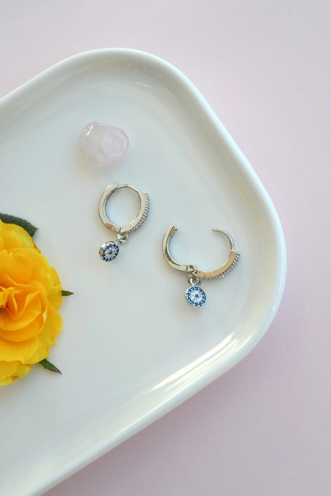 Zirkon Taşlı Nazar Charm Halka Küpe Minimal Işıltı