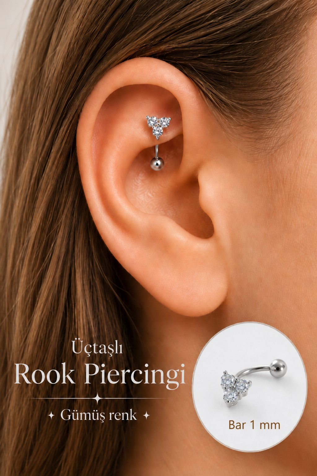 Zirkon Taşlı Üçtaşlı Rook Piercing Çelik Bar 1 mm
