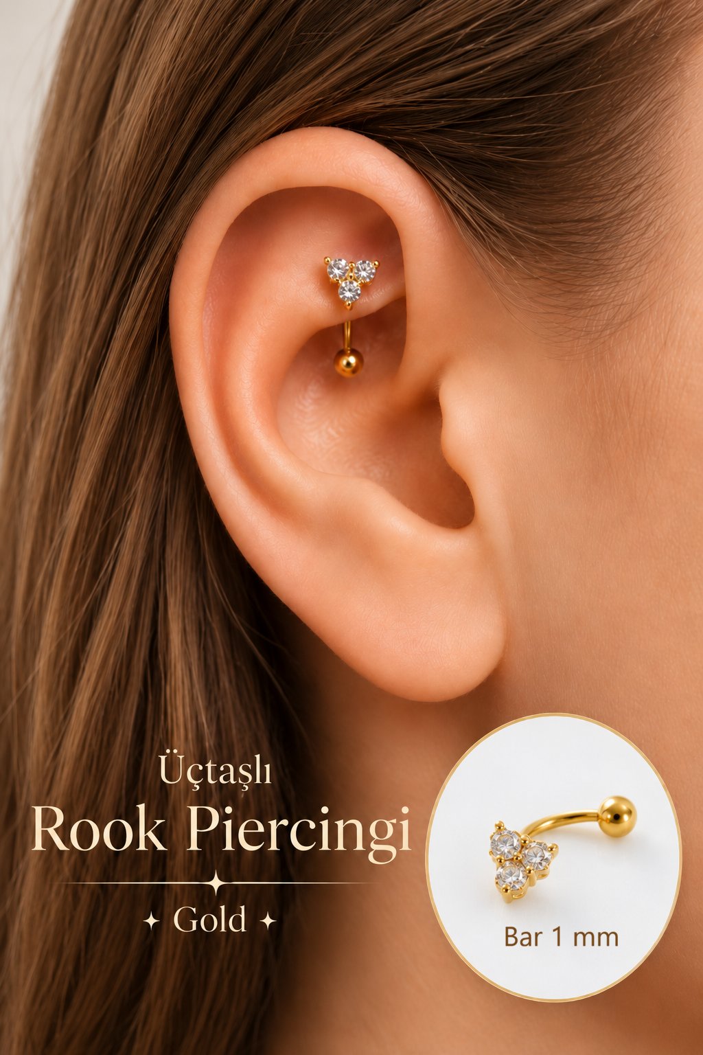 Zirkon Taşlı Üçtaşlı Rook Piercing Çelik Bar 1 mm