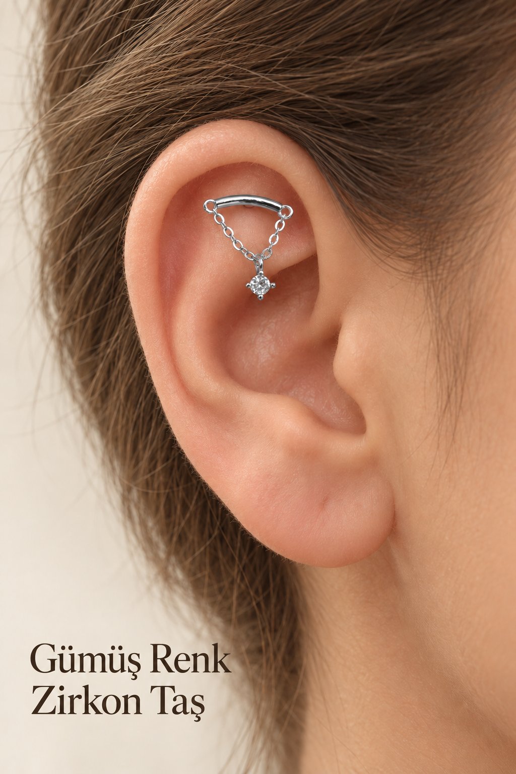 Zirkon Taşlı Zincirli Helix Flat Piercing Kıkırdak Upper Helix 1 Adet
