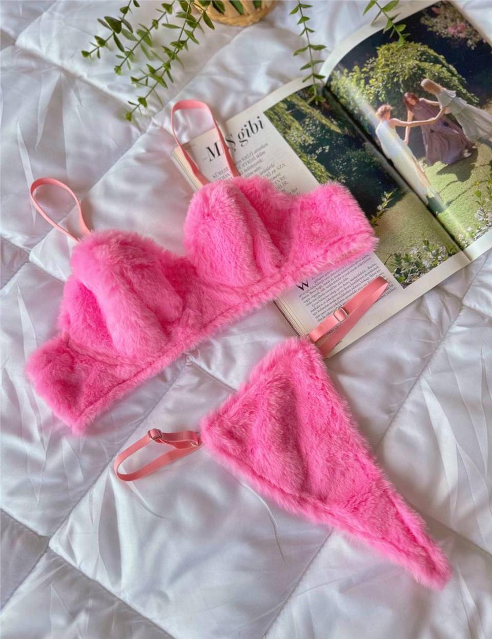 PEMBE PELUŞ SÜTYEN TAKIMI