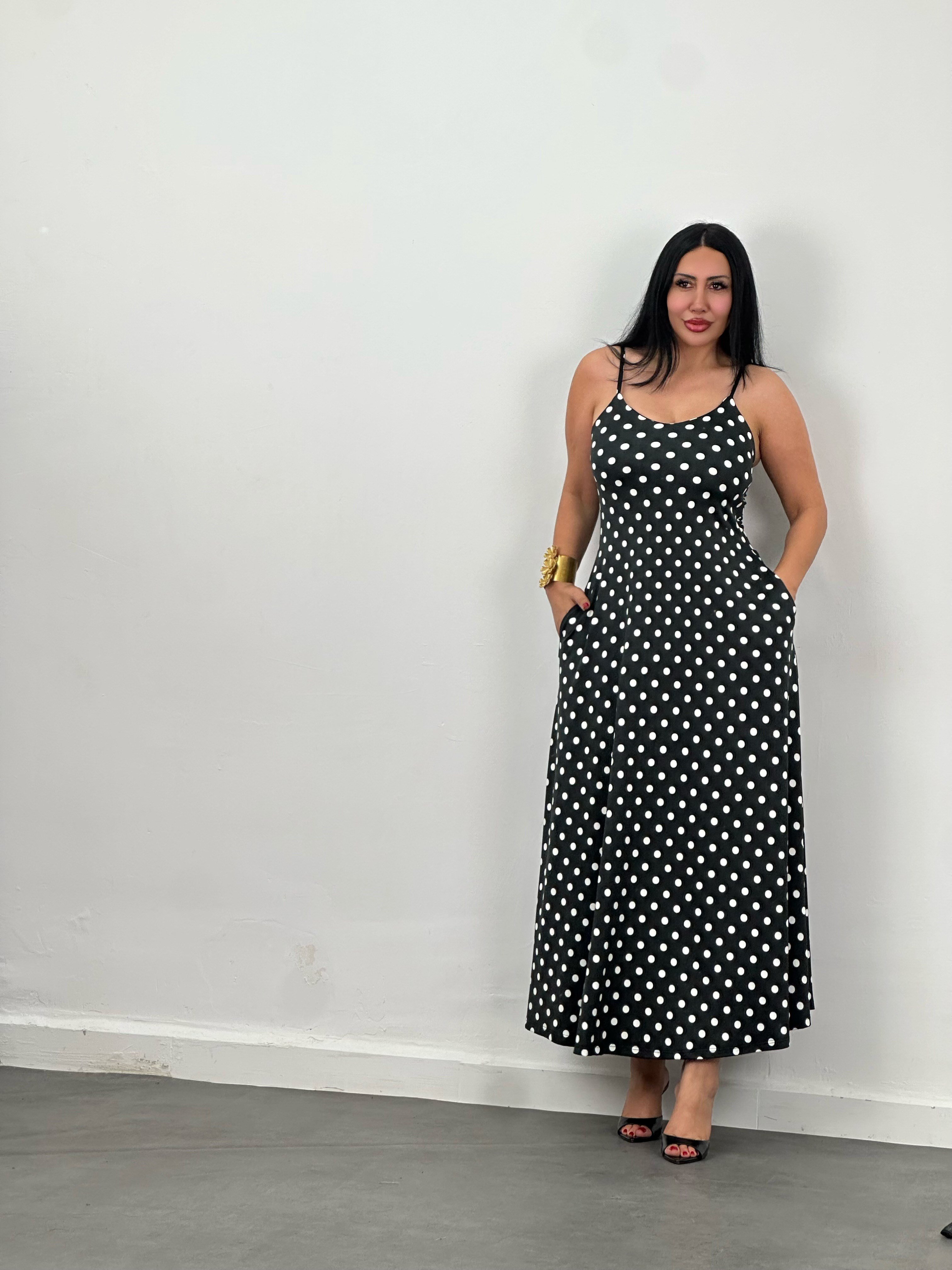 Askılı Cepli Puantiyeli Maxi Elbise