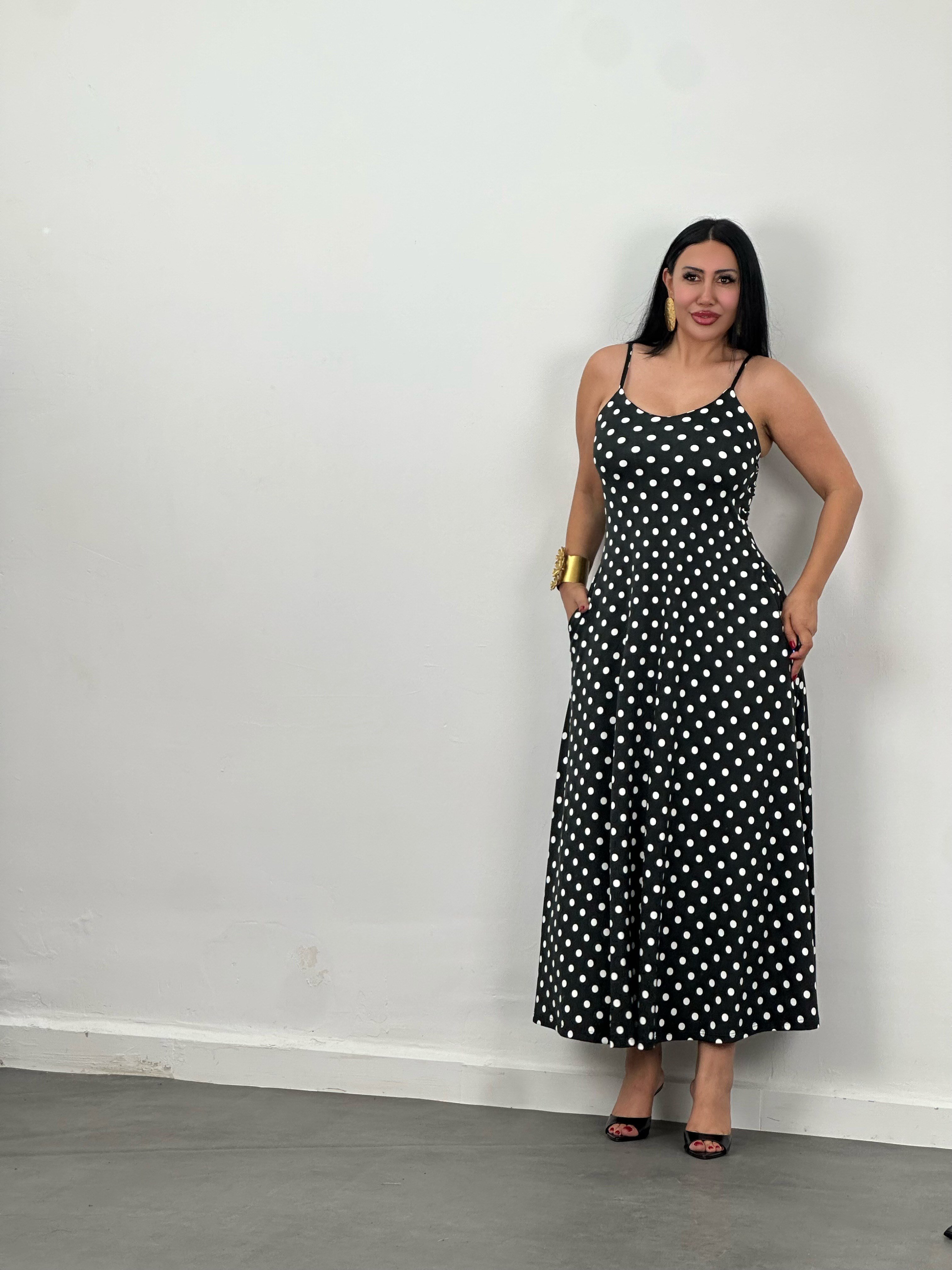 Askılı Cepli Puantiyeli Maxi Elbise