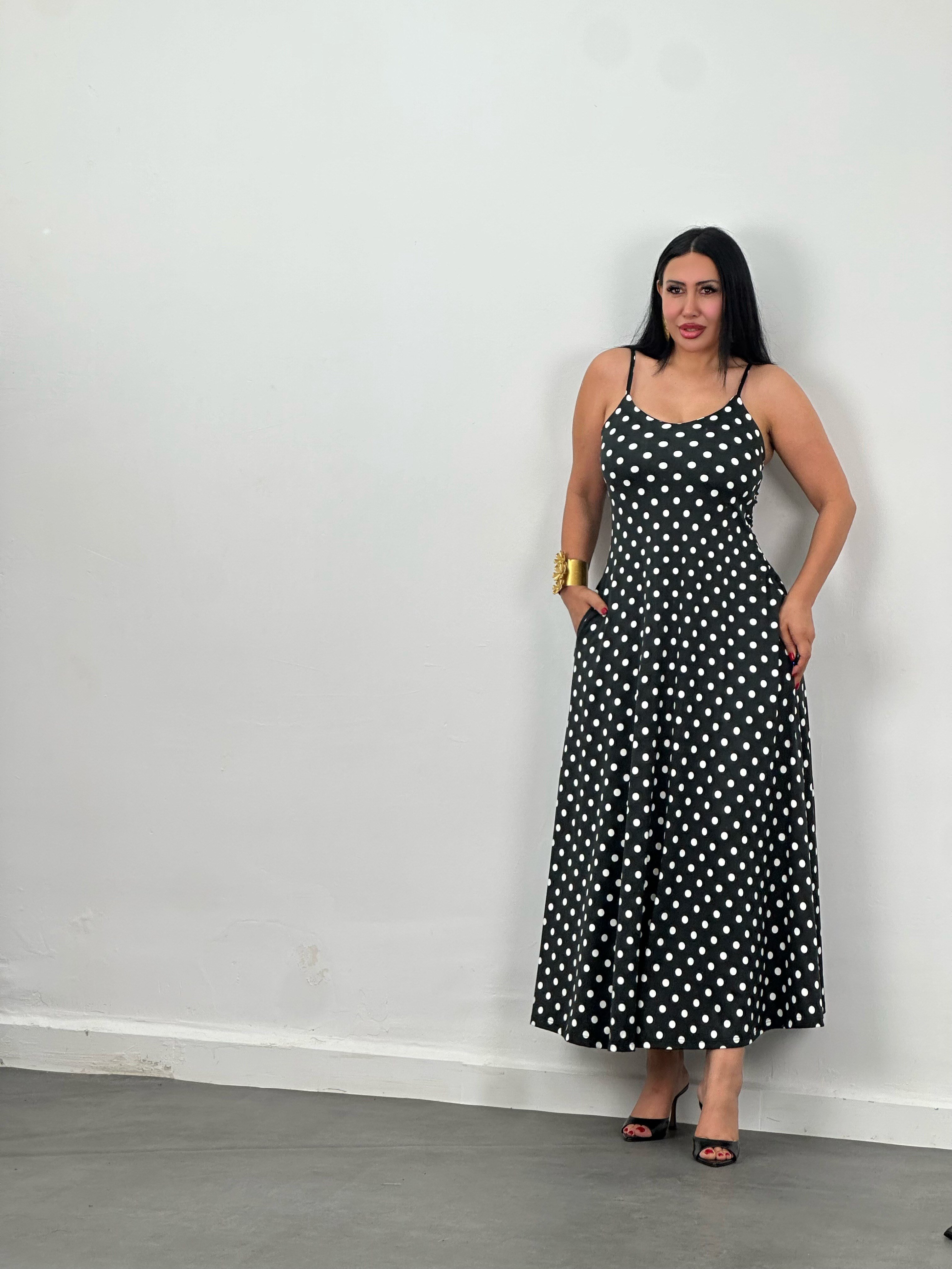 Askılı Cepli Puantiyeli Maxi Elbise