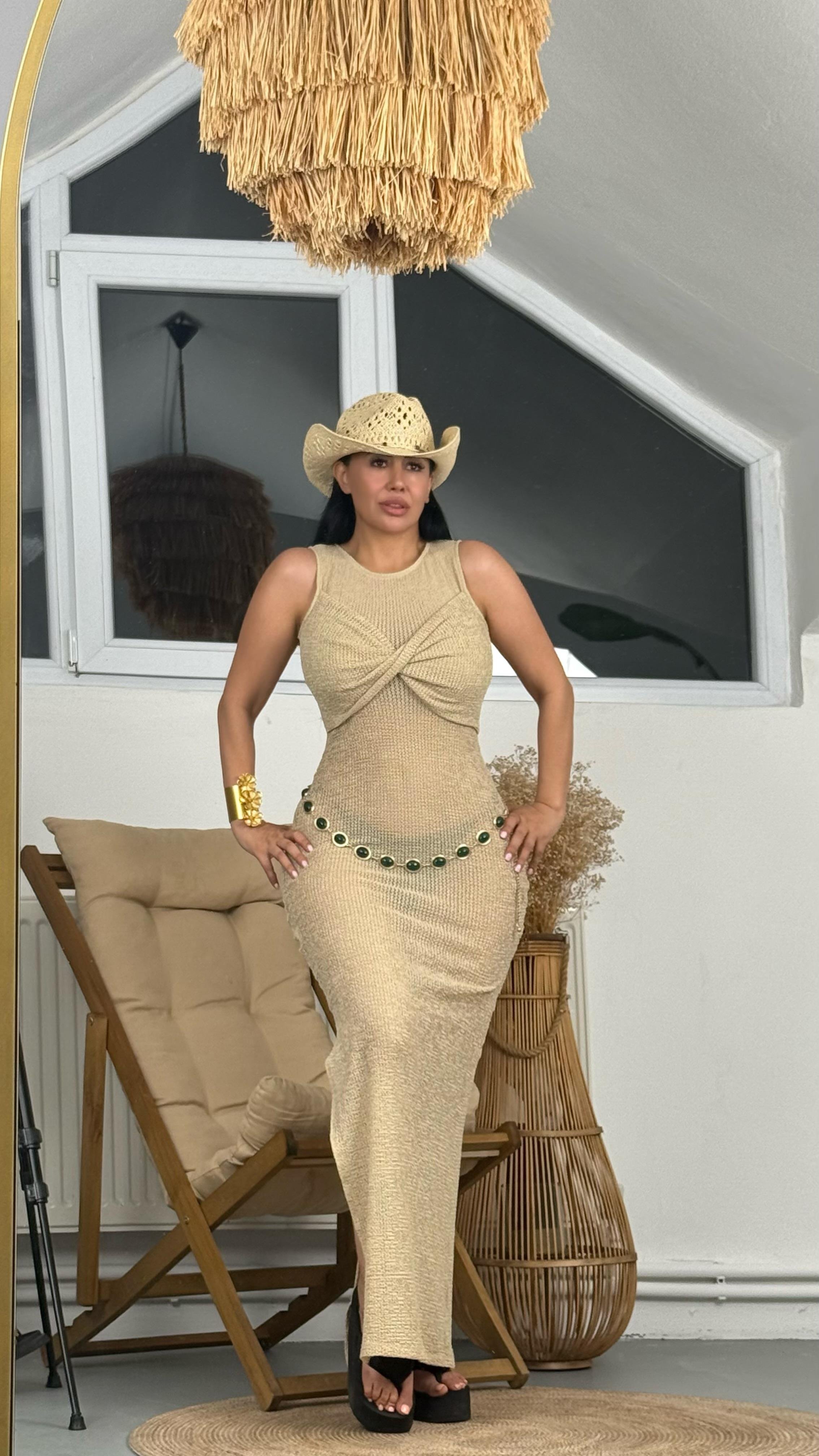 Bej File Plaj Elbisesi- Maxi Boy