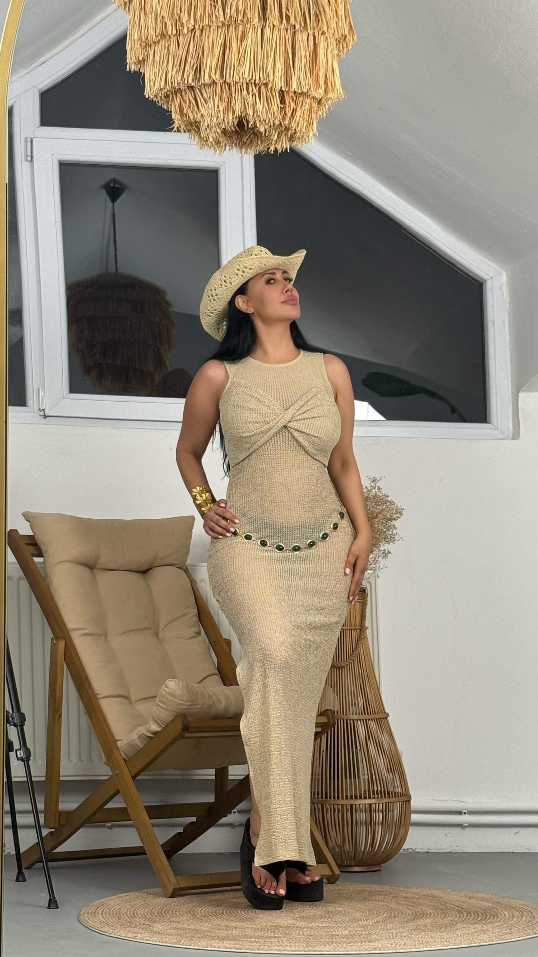 Bej File Plaj Elbisesi- Maxi Boy