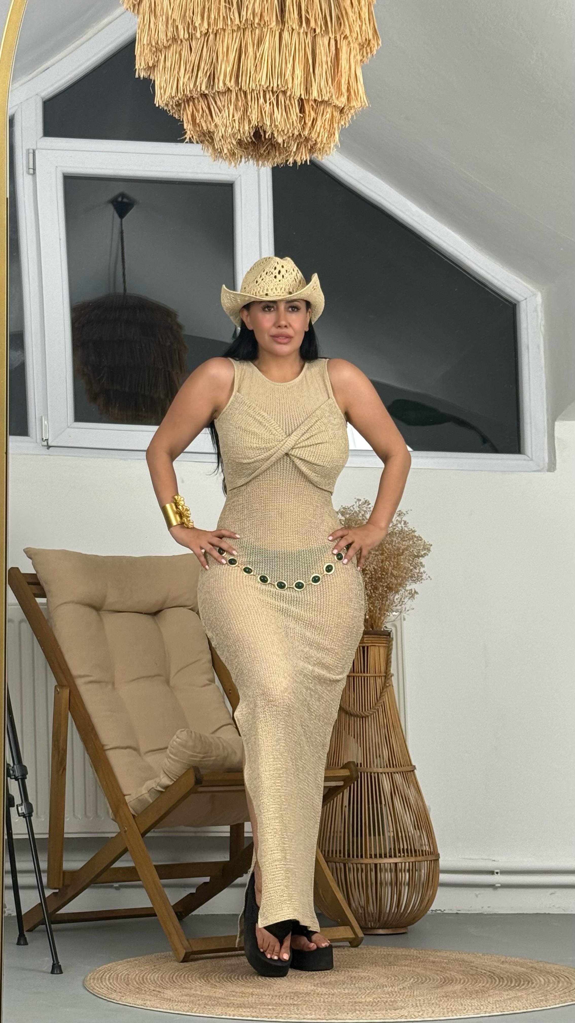 Bej File Plaj Elbisesi- Maxi Boy