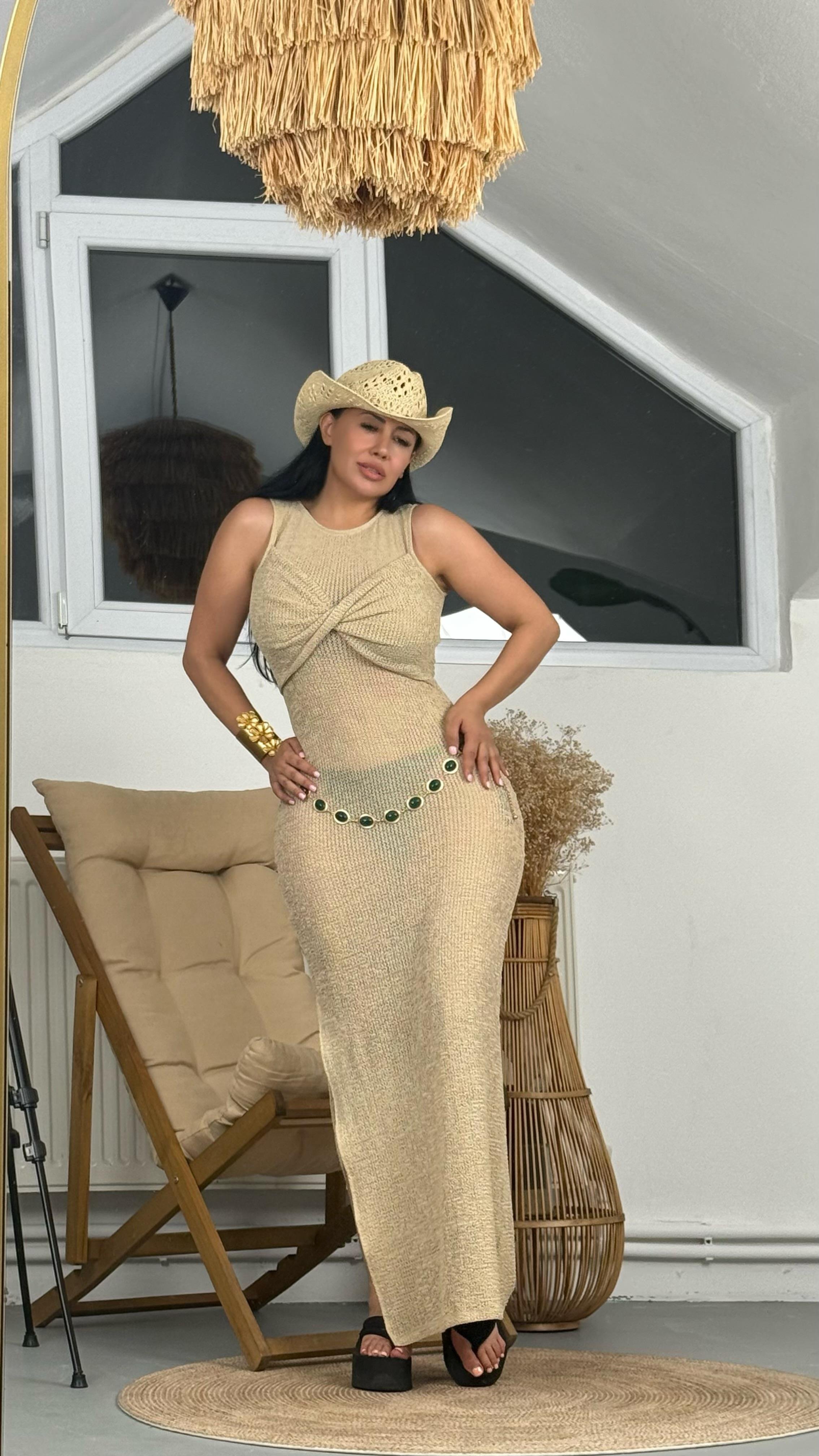 Bej File Plaj Elbisesi- Maxi Boy