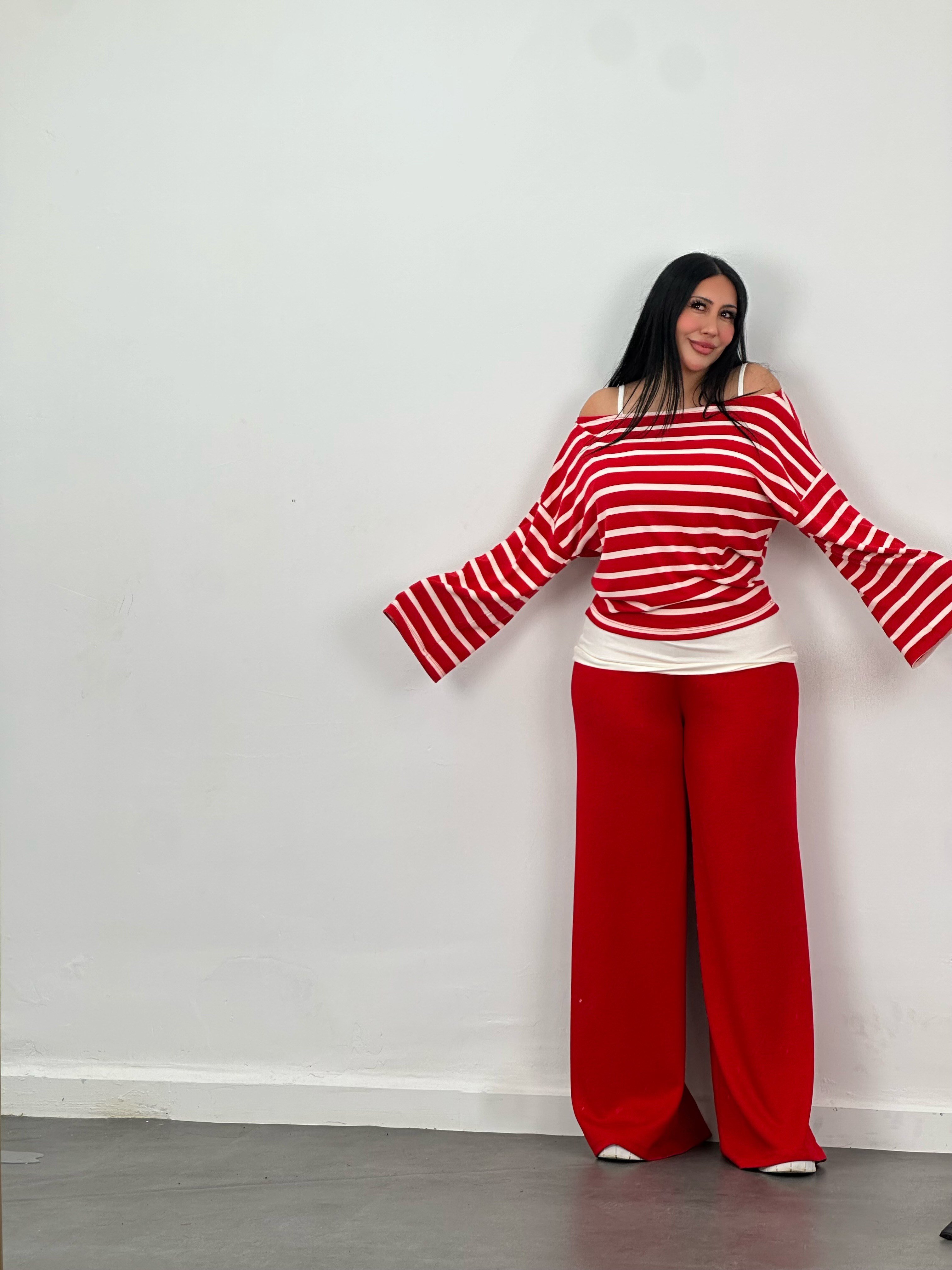 Çizgili Bluz, Atlet & Pantolon 3'lü Takım