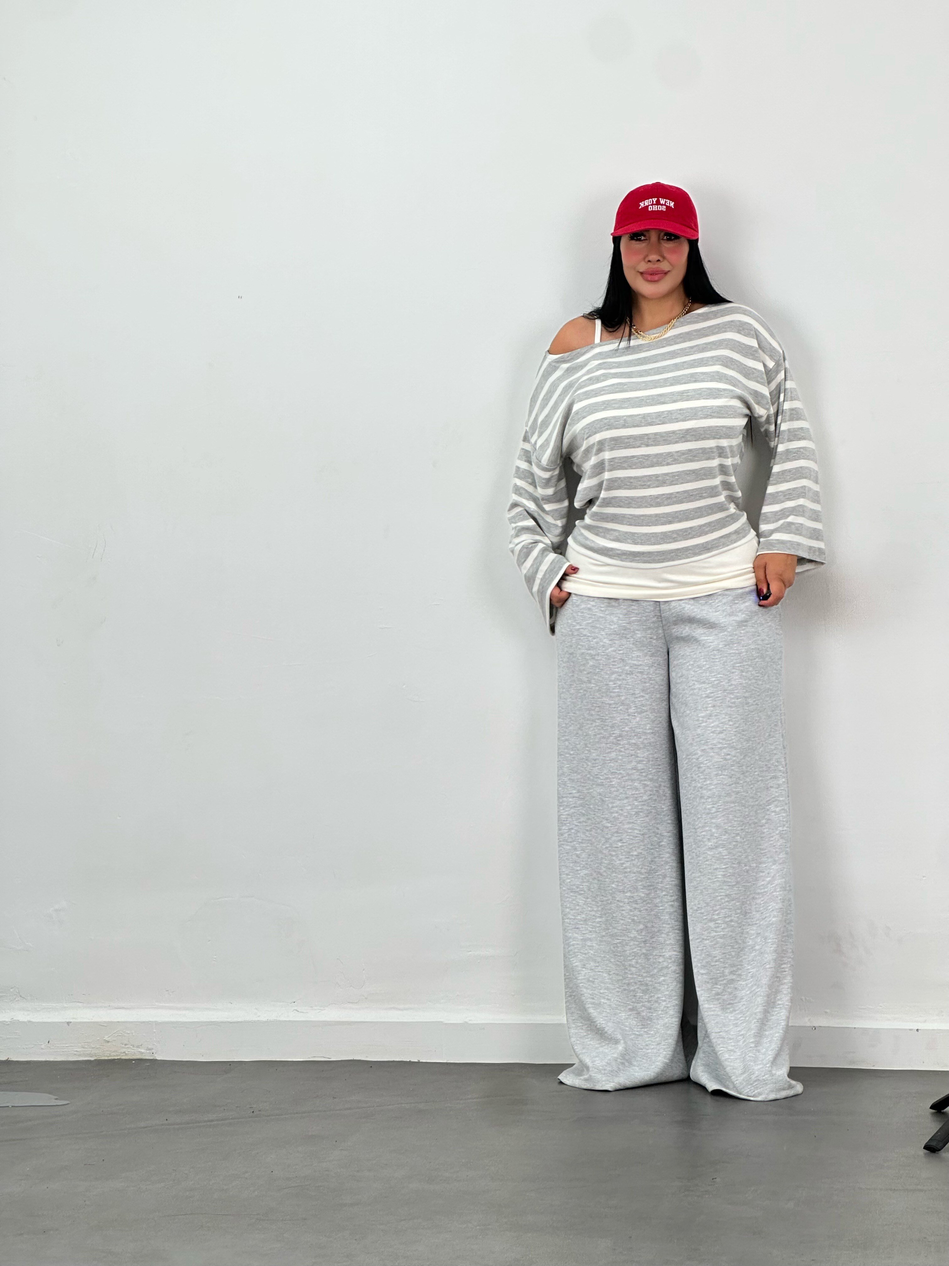Çizgili Bluz, Atlet & Pantolon 3'lü Takım
