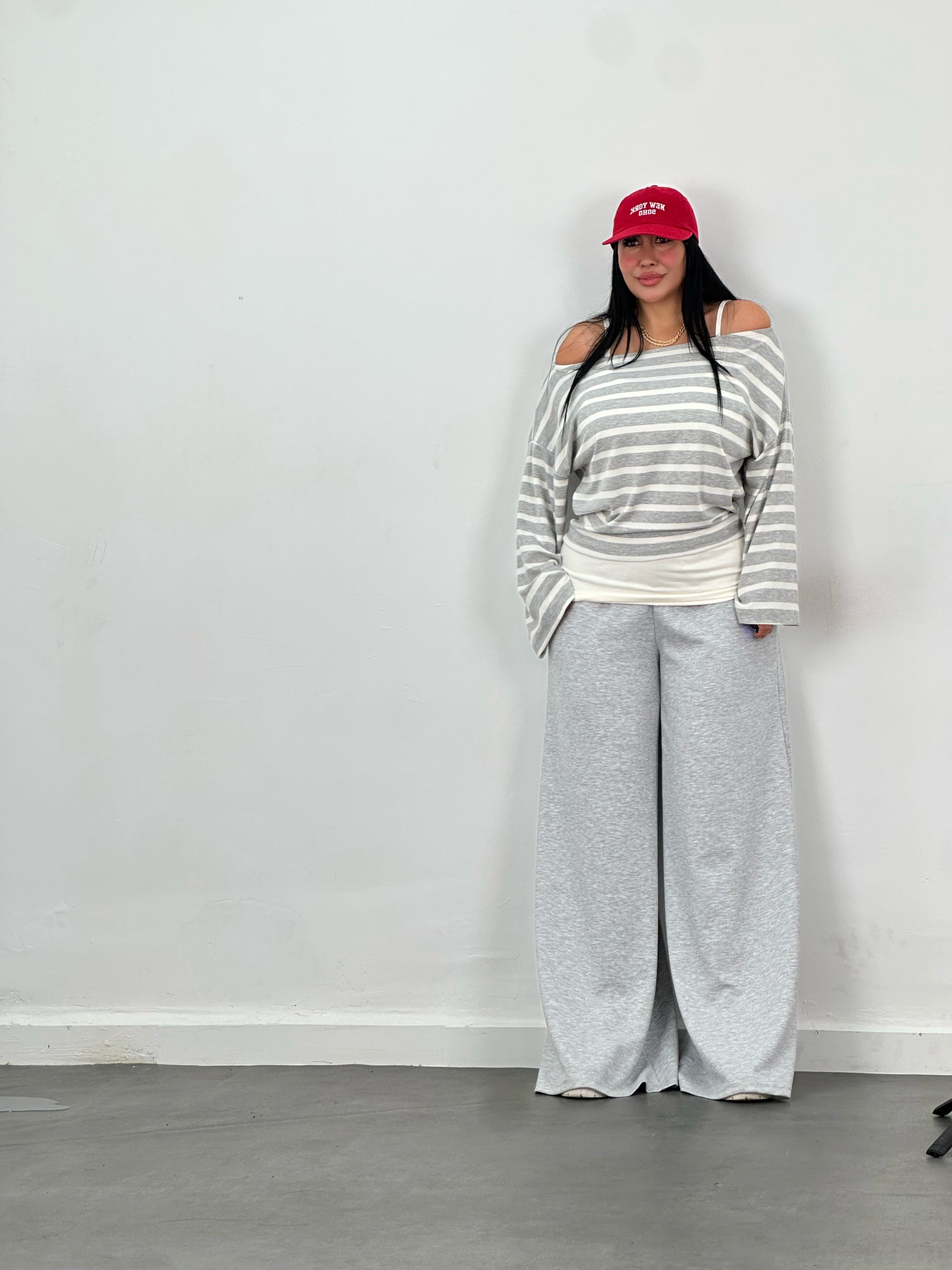 Çizgili Bluz, Atlet & Pantolon 3'lü Takım