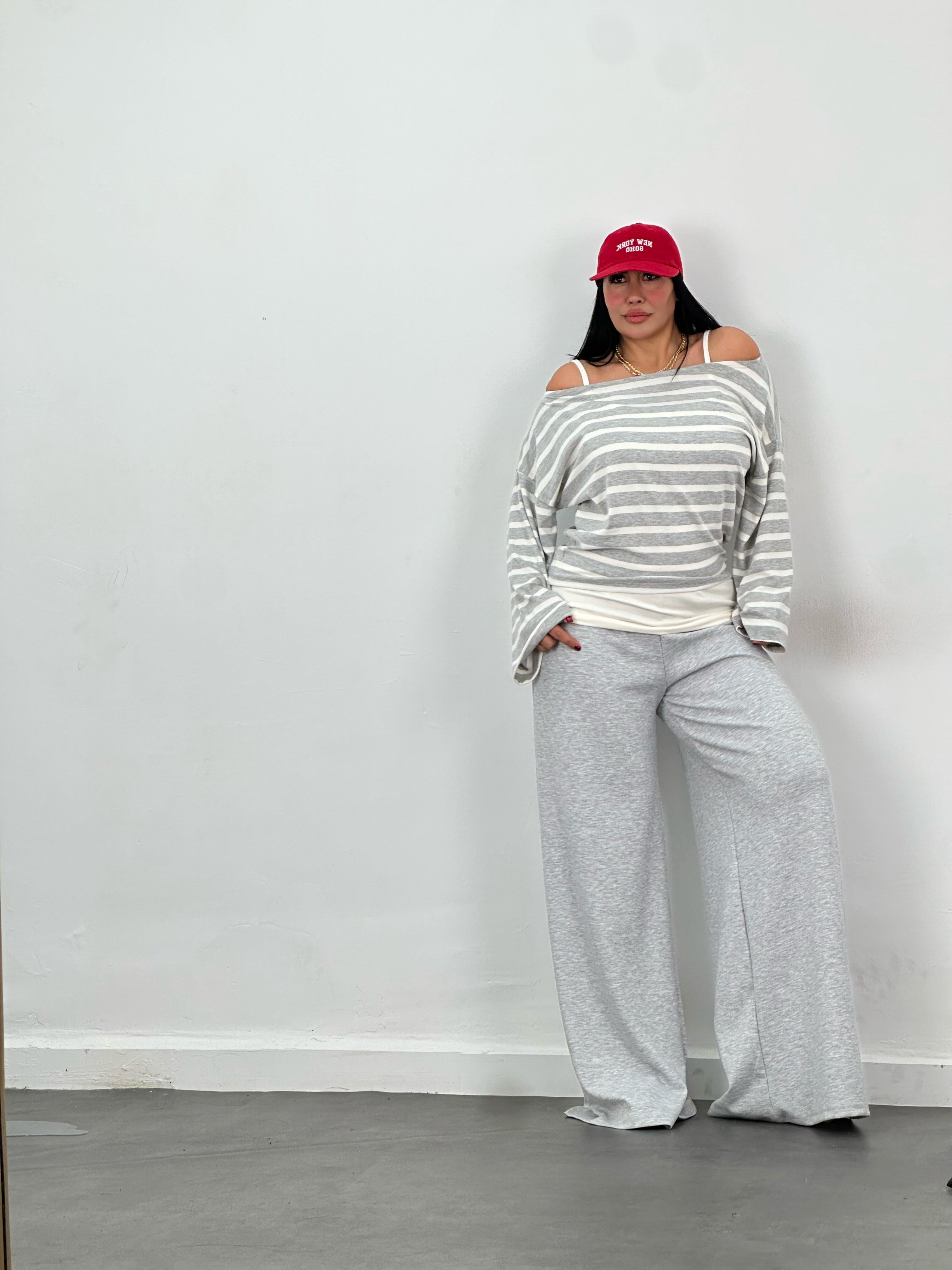 Çizgili Bluz, Atlet & Pantolon 3'lü Takım