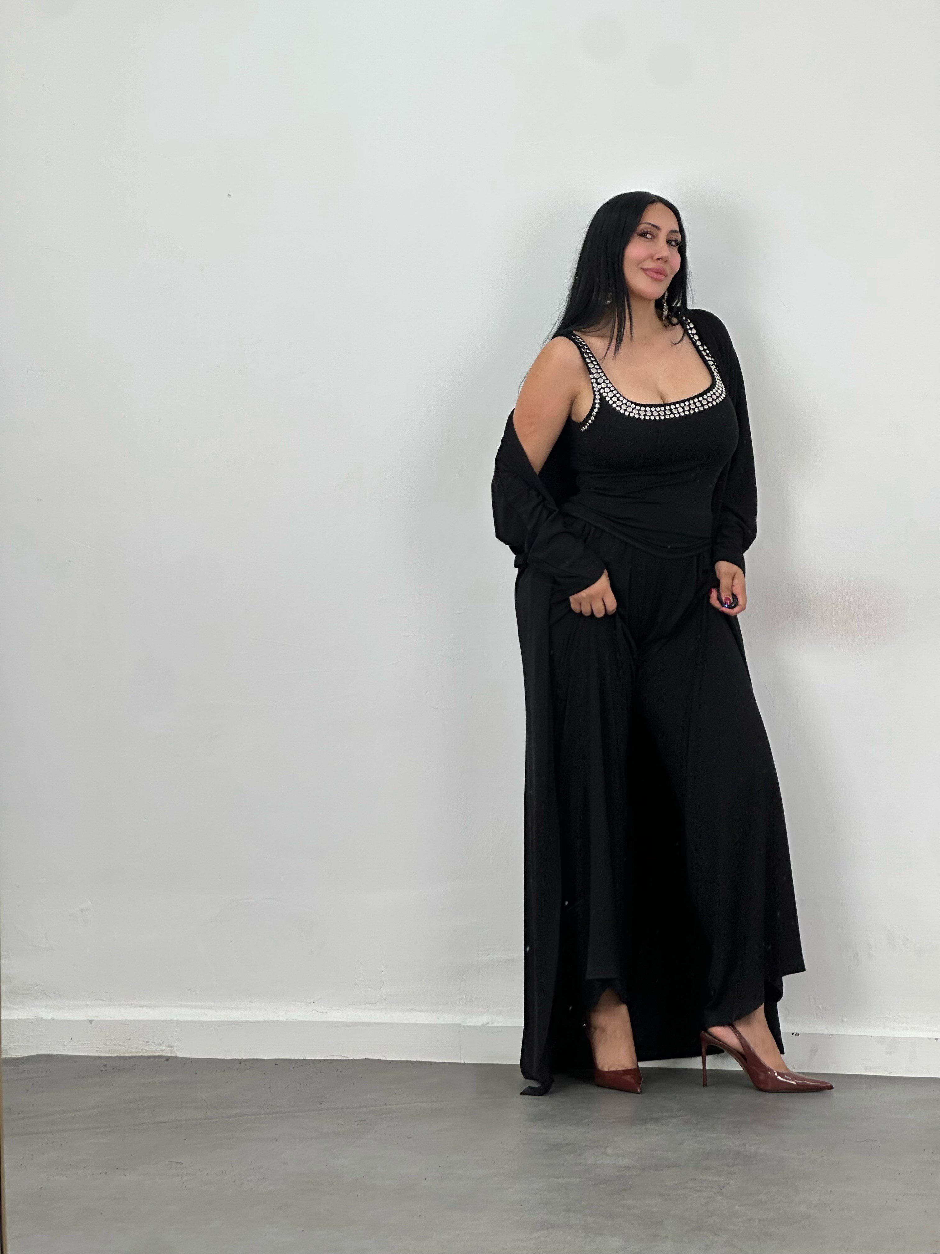 Drop Taş Detaylı Hırka, Bluz & Pantolon 3'lü Takım
