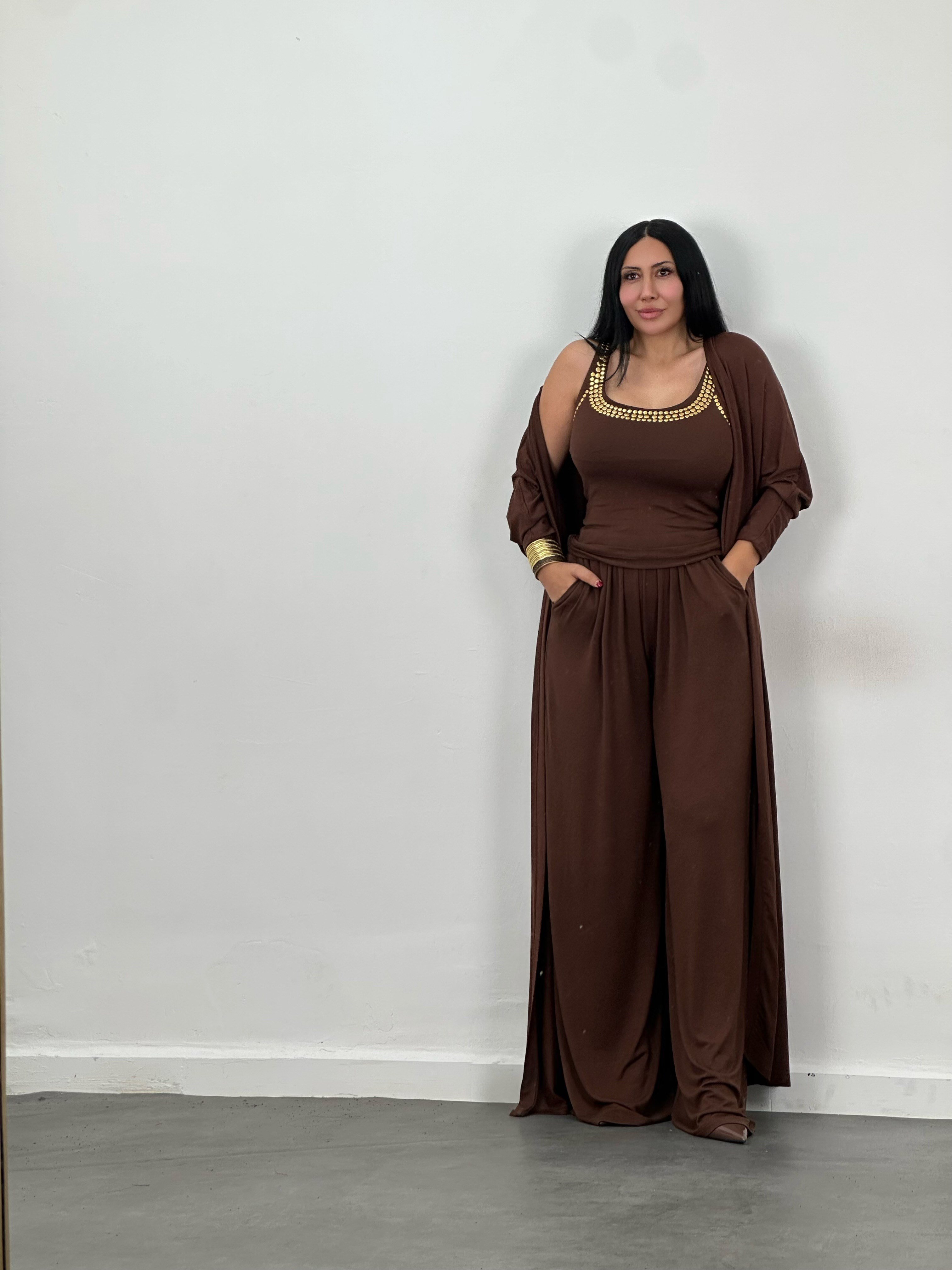 Drop Taş Detaylı Hırka, Bluz & Pantolon 3'lü Takım