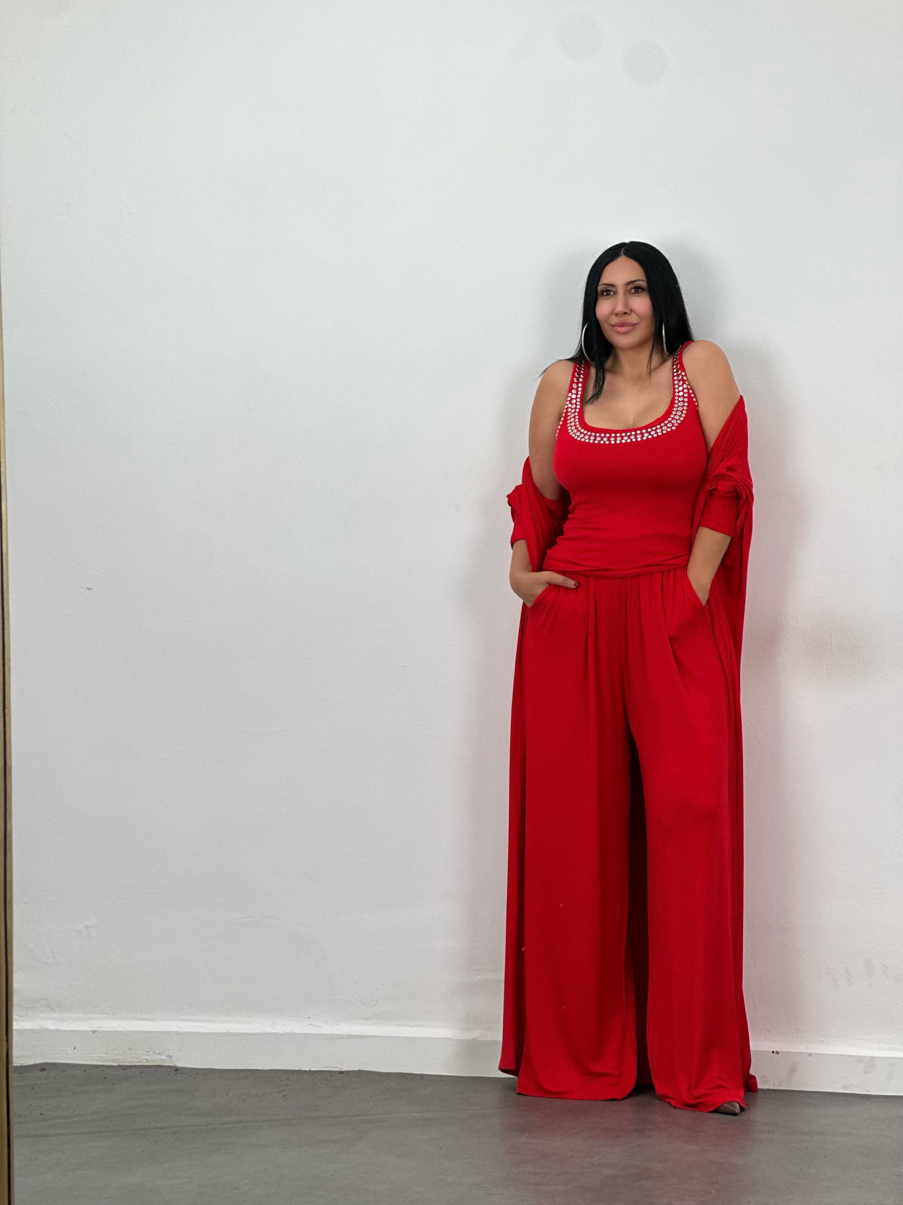 Drop Taş Detaylı Hırka, Bluz & Pantolon 3'lü Takım