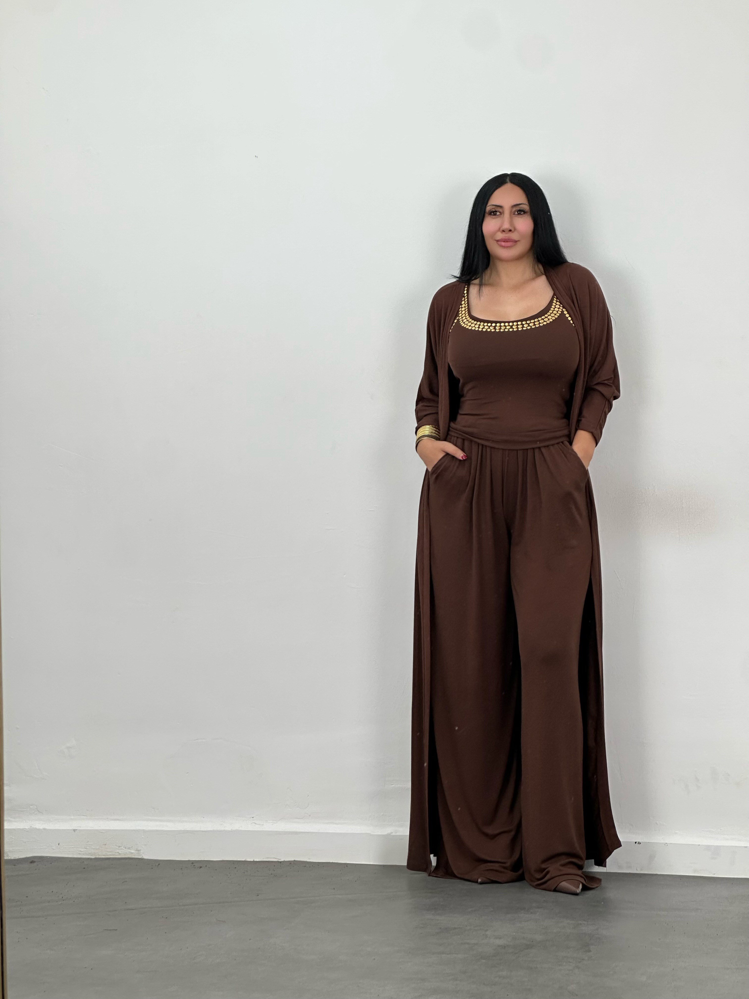 Drop Taş Detaylı Hırka, Bluz & Pantolon 3'lü Takım