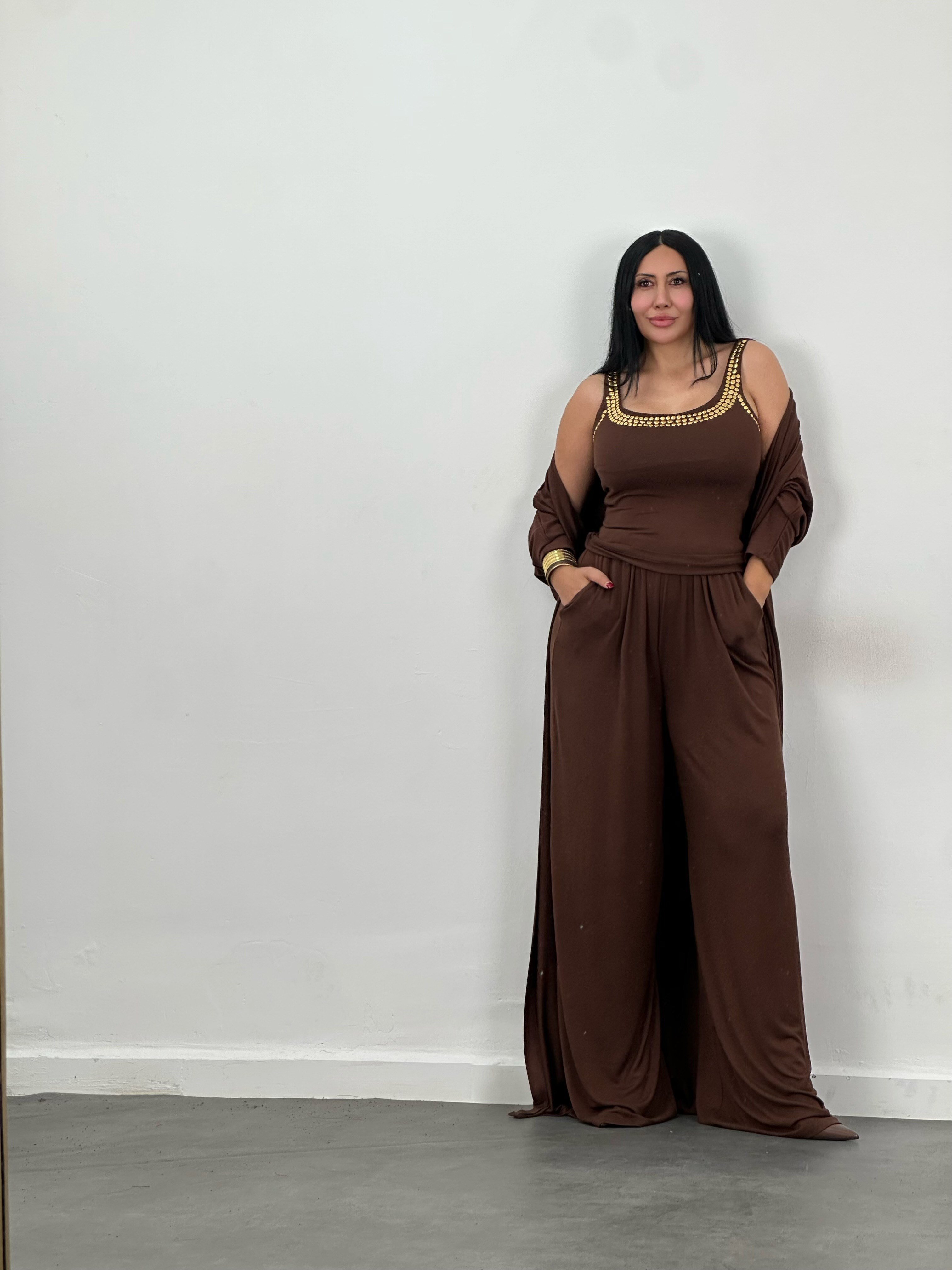 Drop Taş Detaylı Hırka, Bluz & Pantolon 3'lü Takım