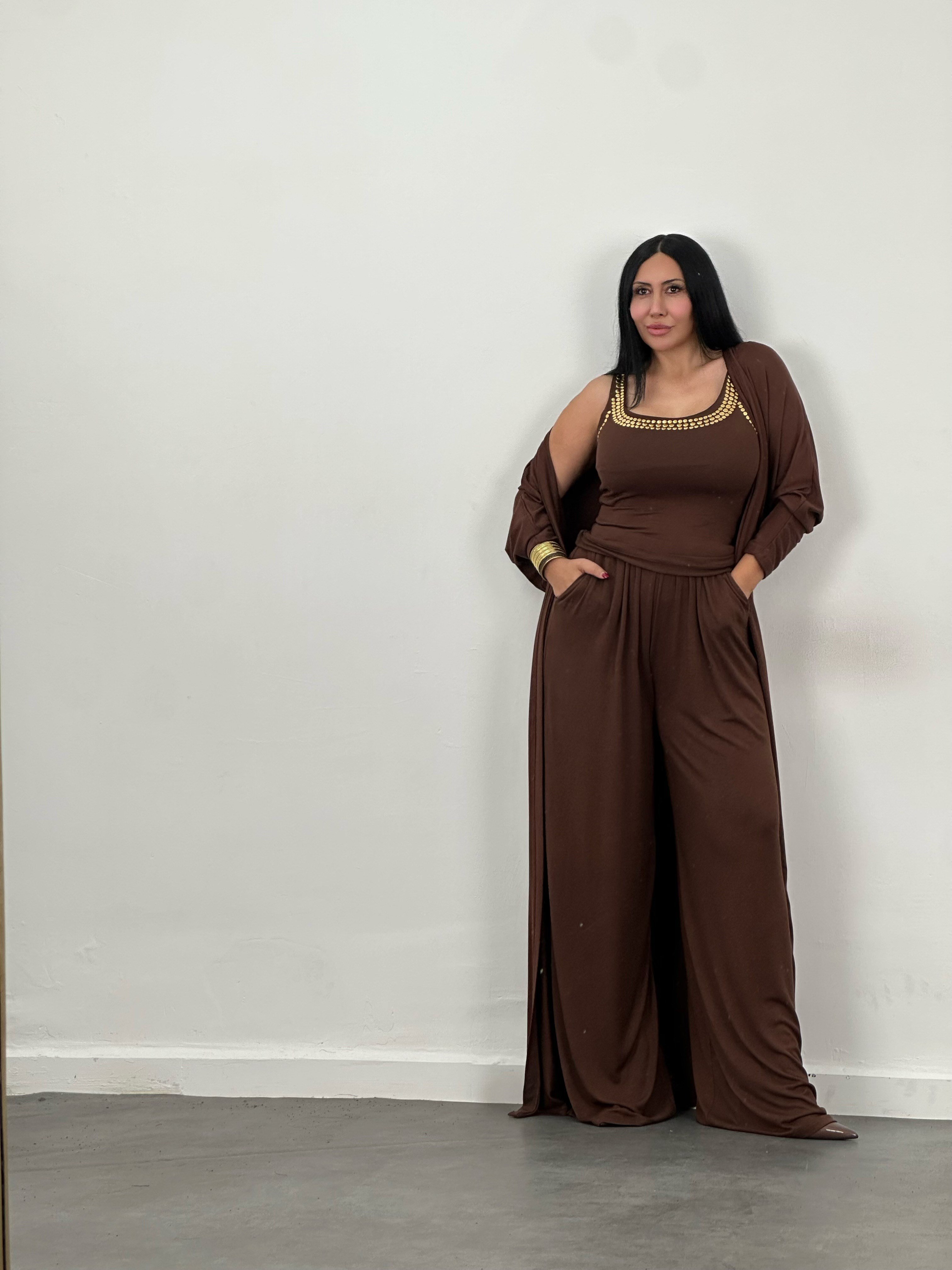 Drop Taş Detaylı Hırka, Bluz & Pantolon 3'lü Takım