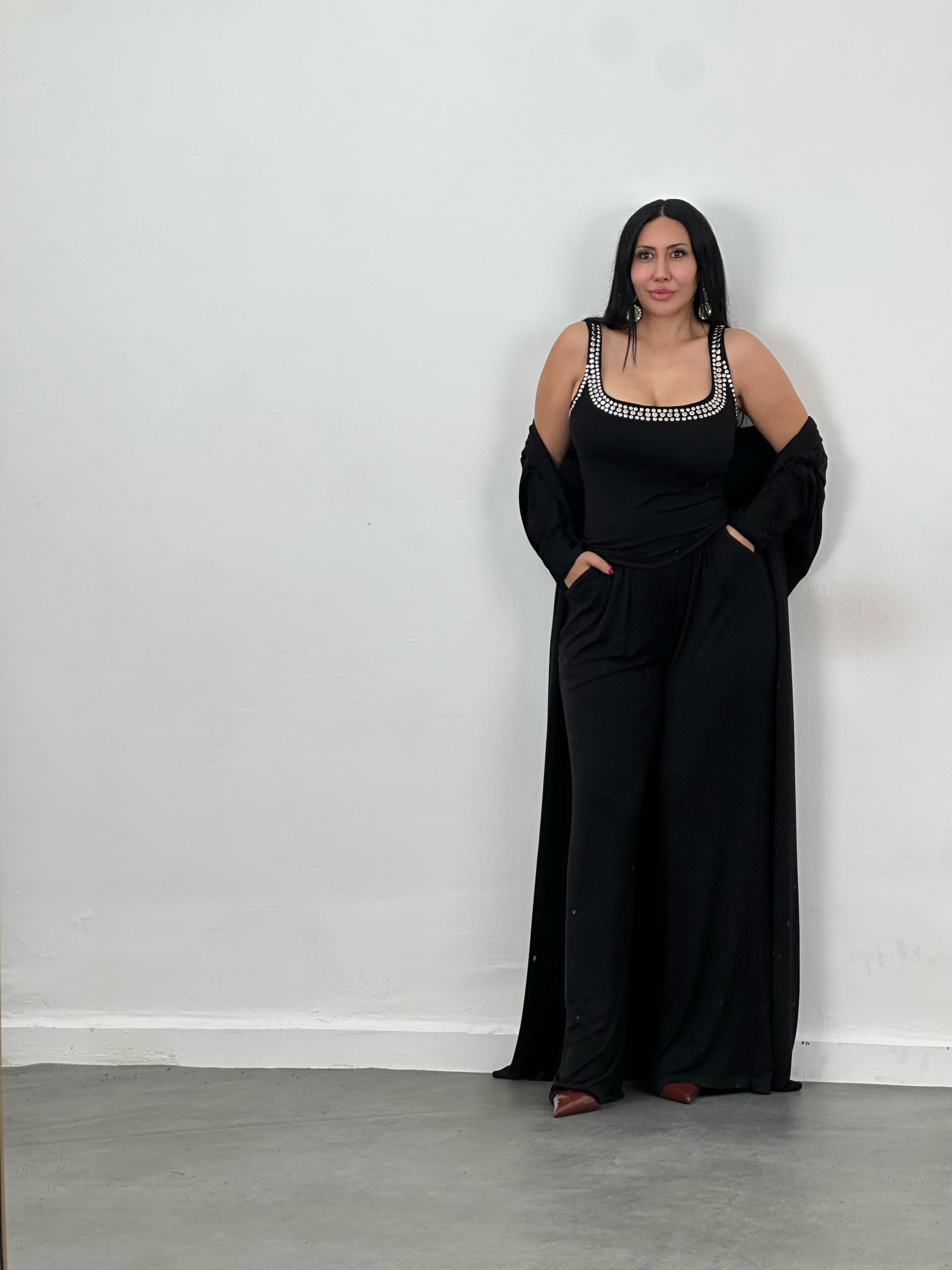 Drop Taş Detaylı Hırka, Bluz & Pantolon 3'lü Takım