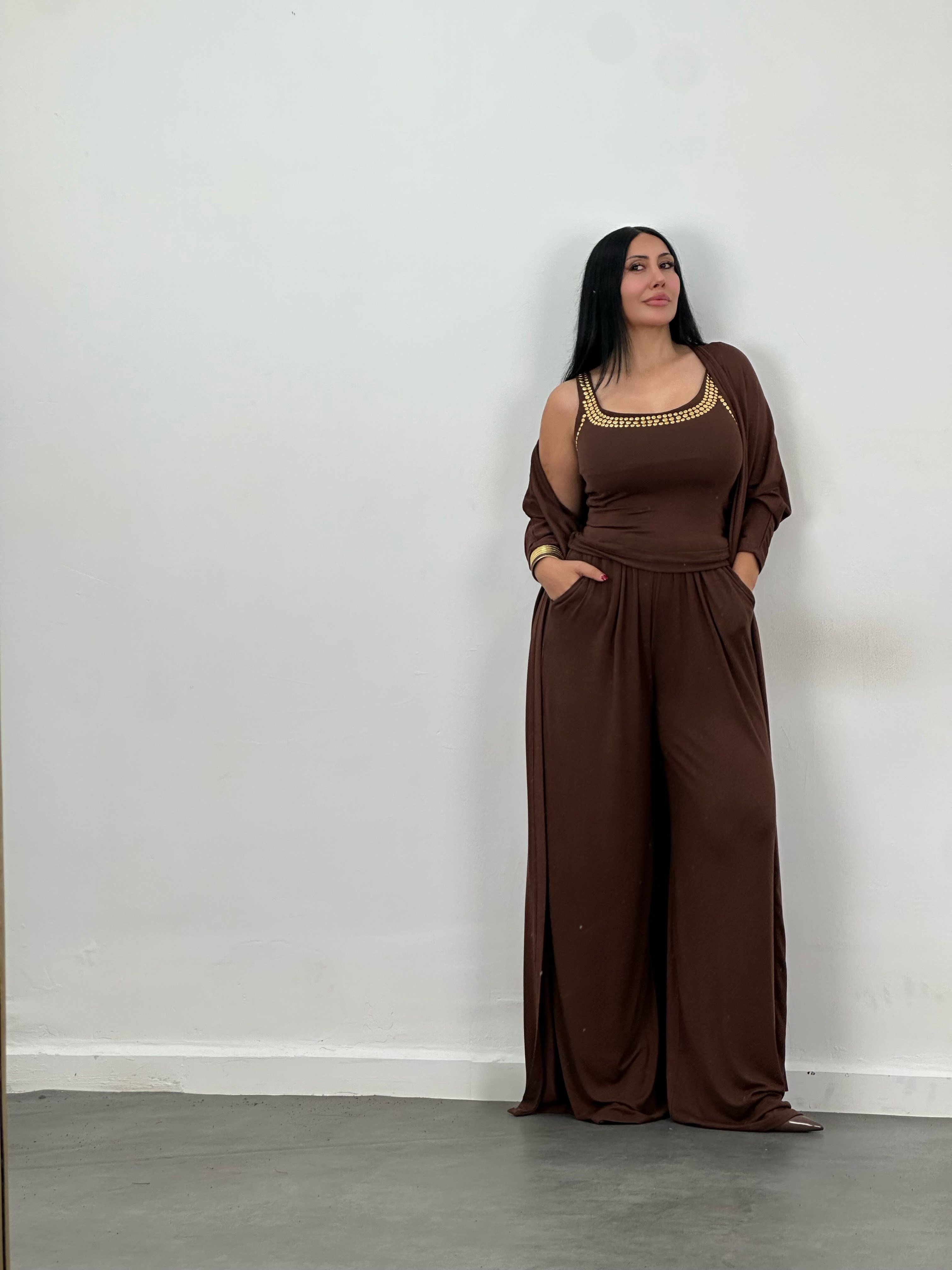 Drop Taş Detaylı Hırka, Bluz & Pantolon 3'lü Takım